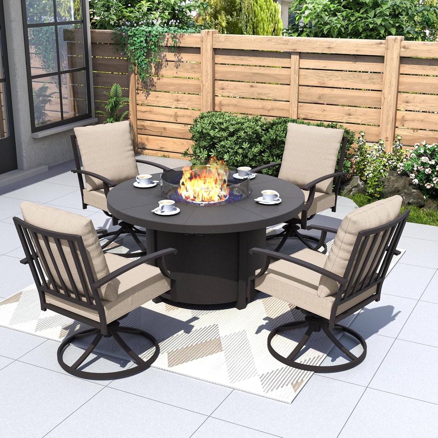 Kurapika 5 Piece Metal Outdoor Patio Furniture Set with Round Fire Pit Table, Patio Conversation Sets 4 Swivel Chairs with Thick Cushion and 40000 BTU Fire Pit Table, Sand