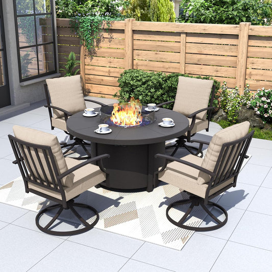 Kurapika 5 Piece Metal Outdoor Patio Furniture Set with Round Fire Pit Table, Patio Conversation Sets 4 Swivel Chairs with Thick Cushion and 40000 BTU Fire Pit Table, Sand