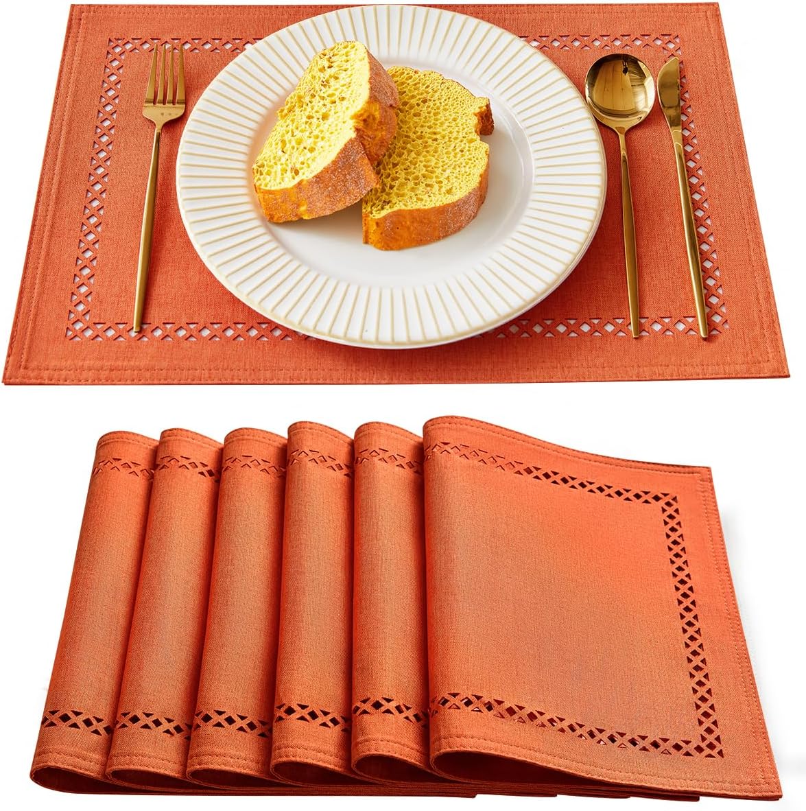 Fall Placemats Set of 6, 12 x 18 Inch Rustic Geometric Hollow Place Mats, Orange Heat Resistant Placemats for Autumn Thanksgiving Farmhouse Table Decor, Orange 6PCS