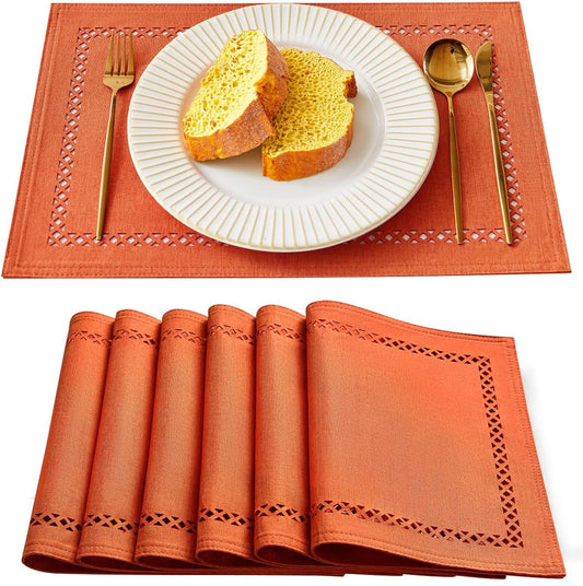 Fall Placemats Set of 6, 12 x 18 Inch Rustic Geometric Hollow Place Mats, Orange Heat Resistant Placemats for Autumn Thanksgiving Farmhouse Table Decor, Orange 6PCS
