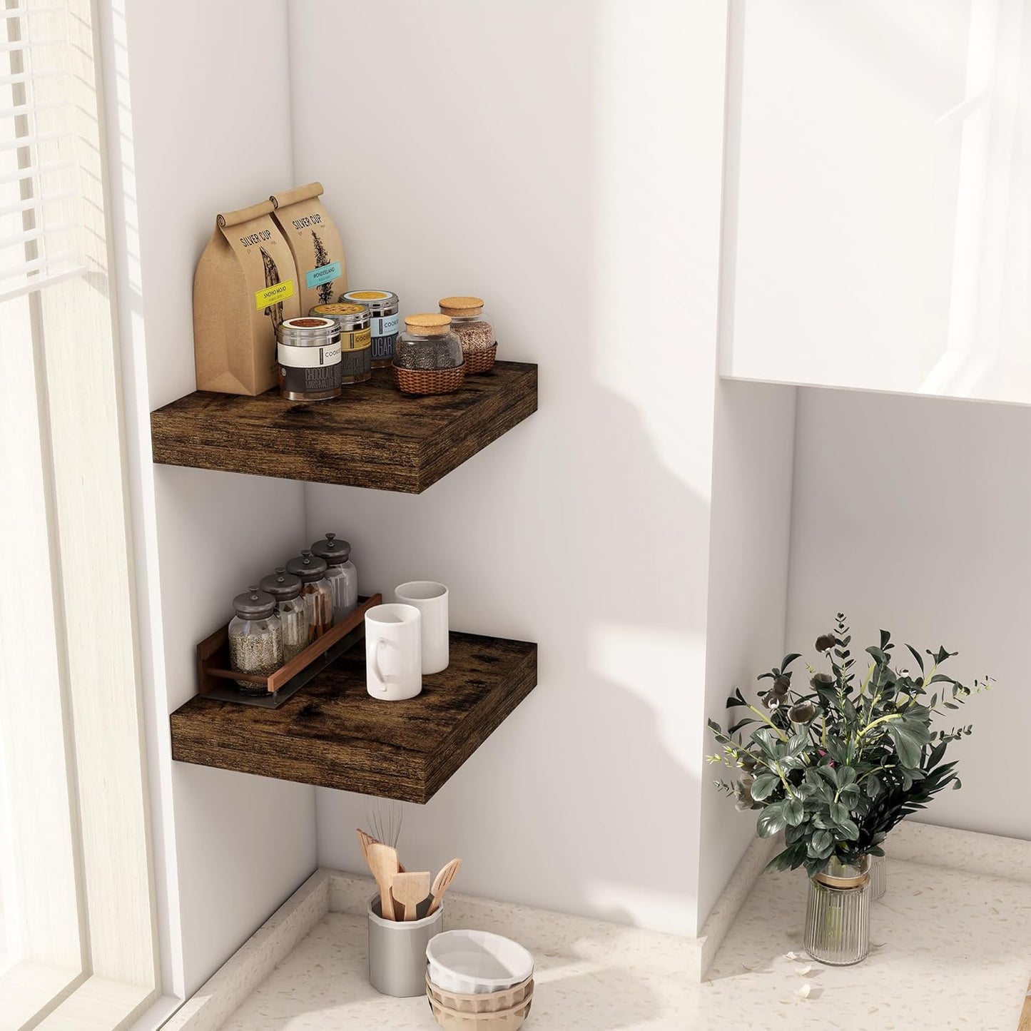 Fun Memories 12 Inch Floating Shelf, Rustic Wood Wall Shelves for Wall Decor & Storage, 12 x 12 Floating Shelf for Living Room, Bathroom, Bedroom, Rustic Brown, Set of 2