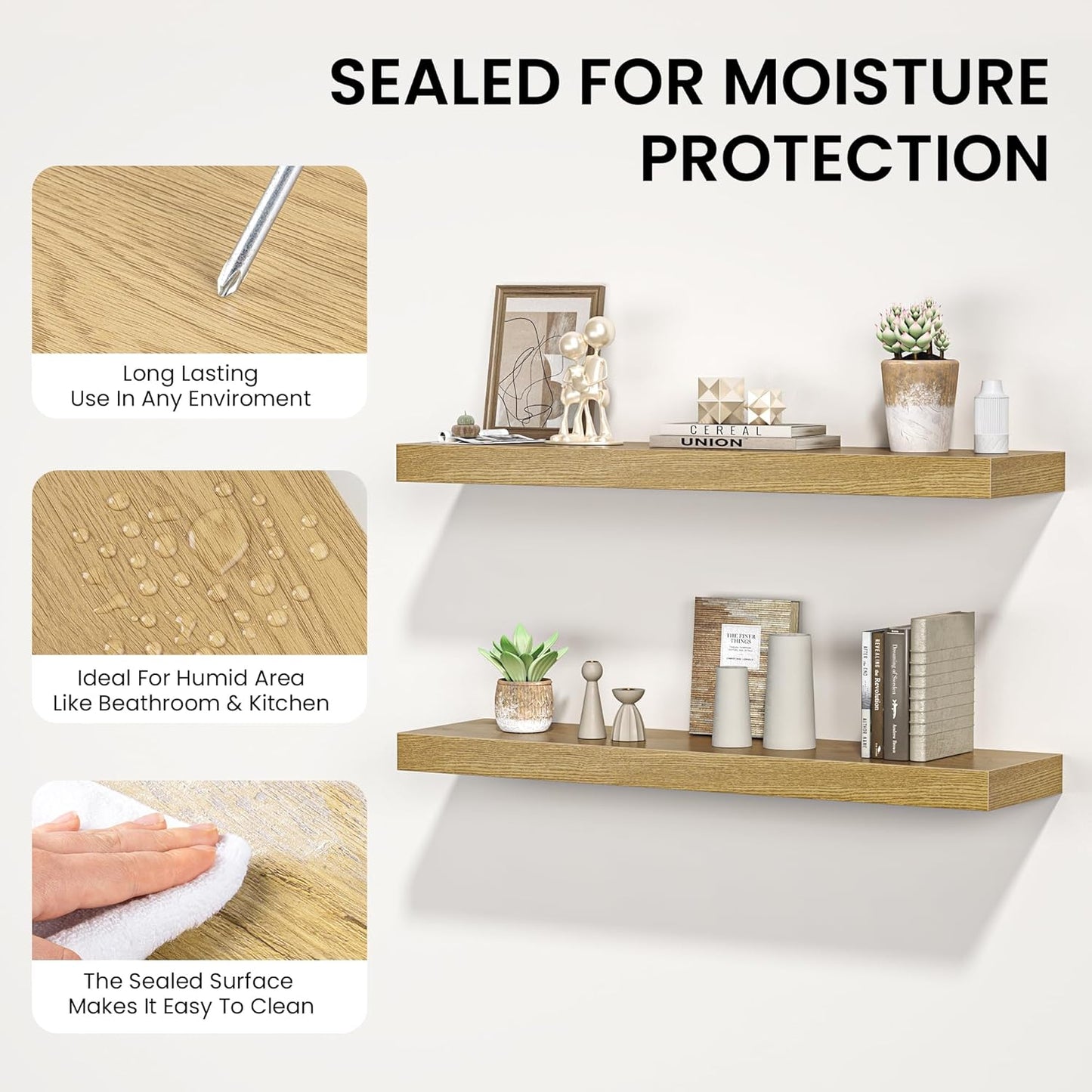 Floating Shelves for Wall, 40" W x 8" D x 1.5" H, Wooden Wall Mounted Display Shelves with Invisible Brackets for Living Room, Bedroom, Bathroom, Kitchen Decor and Storage, Set of 2, Oak