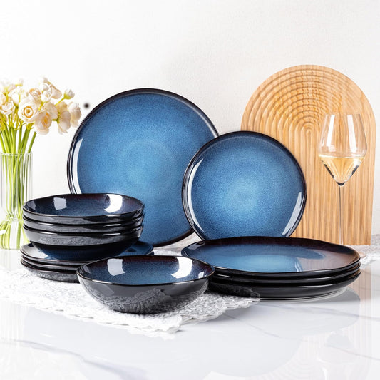 LeRatio Ceramic Dinnerware Sets for 4,Wavy Reactive Glaze Stoneware Plates and Bowls Sets,Highly Scratch Resistant | Dishwasher & Microwave,Oven Safe Dishes Set(12PCS)