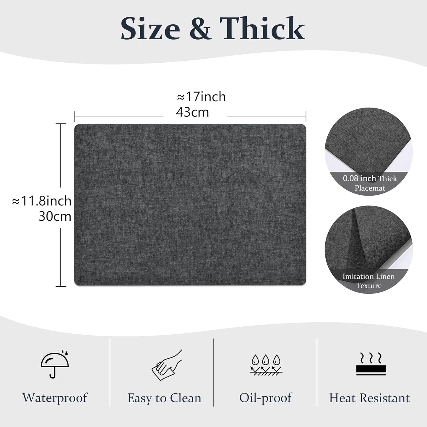 FROMHEART Faux Leather Placemats Set of 12–Waterproof,Heat/Oil Stain-Resistant PU Table Mat–Reversible,Non-Slip,Easy to Clean Place Mats for Kitchen,Dining,Indoor/Outdoor,(Dark Grey,11.8" x 17")
