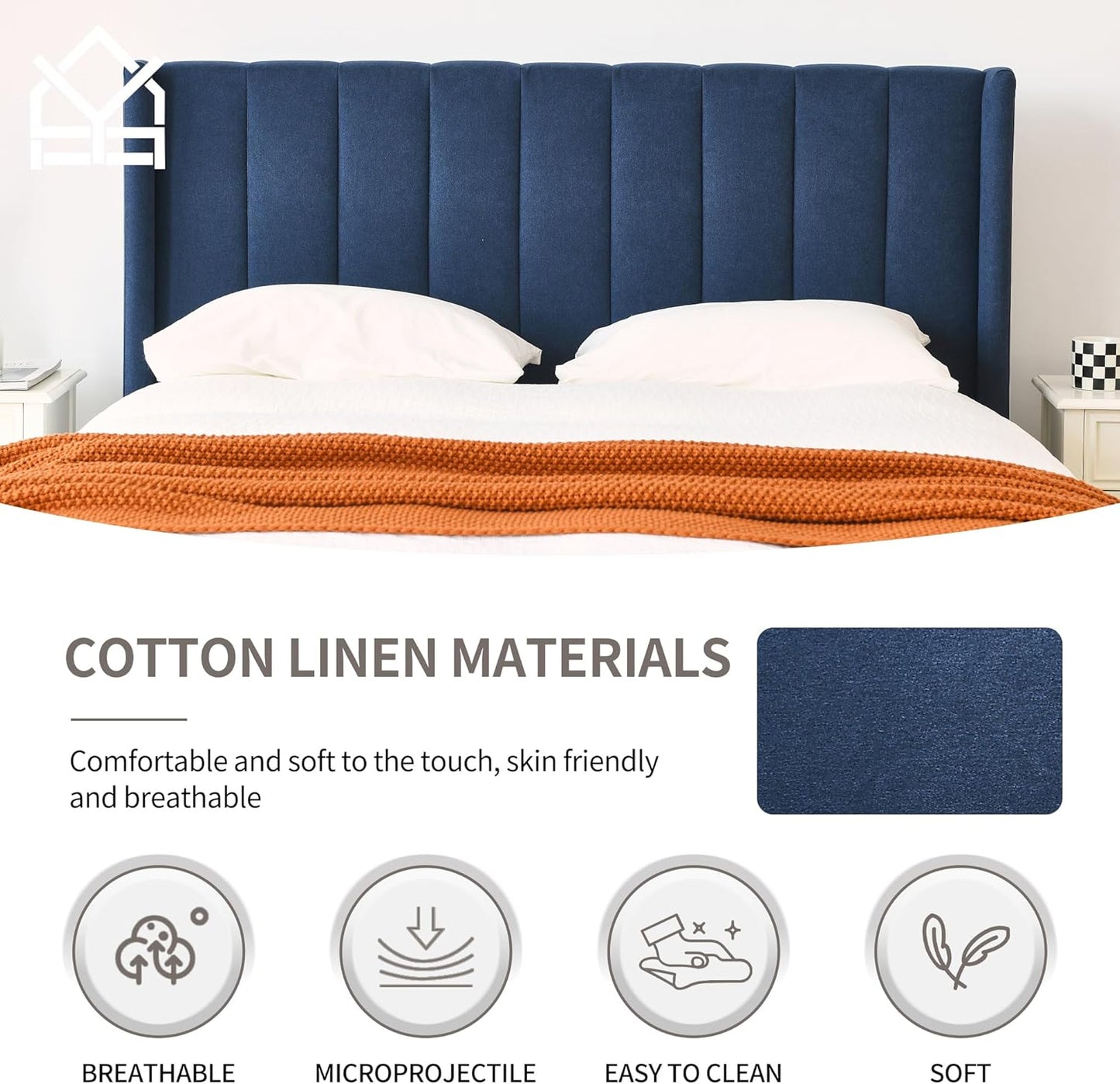 YUHUASHI upholstered Platform Bed Frame/Queen Bed Frame/Modern Geometric Double-Wing Design headboard/Linen Fabric/Easy to Assemble no Noise (Navy Blue, Queen (U.S. Standard))