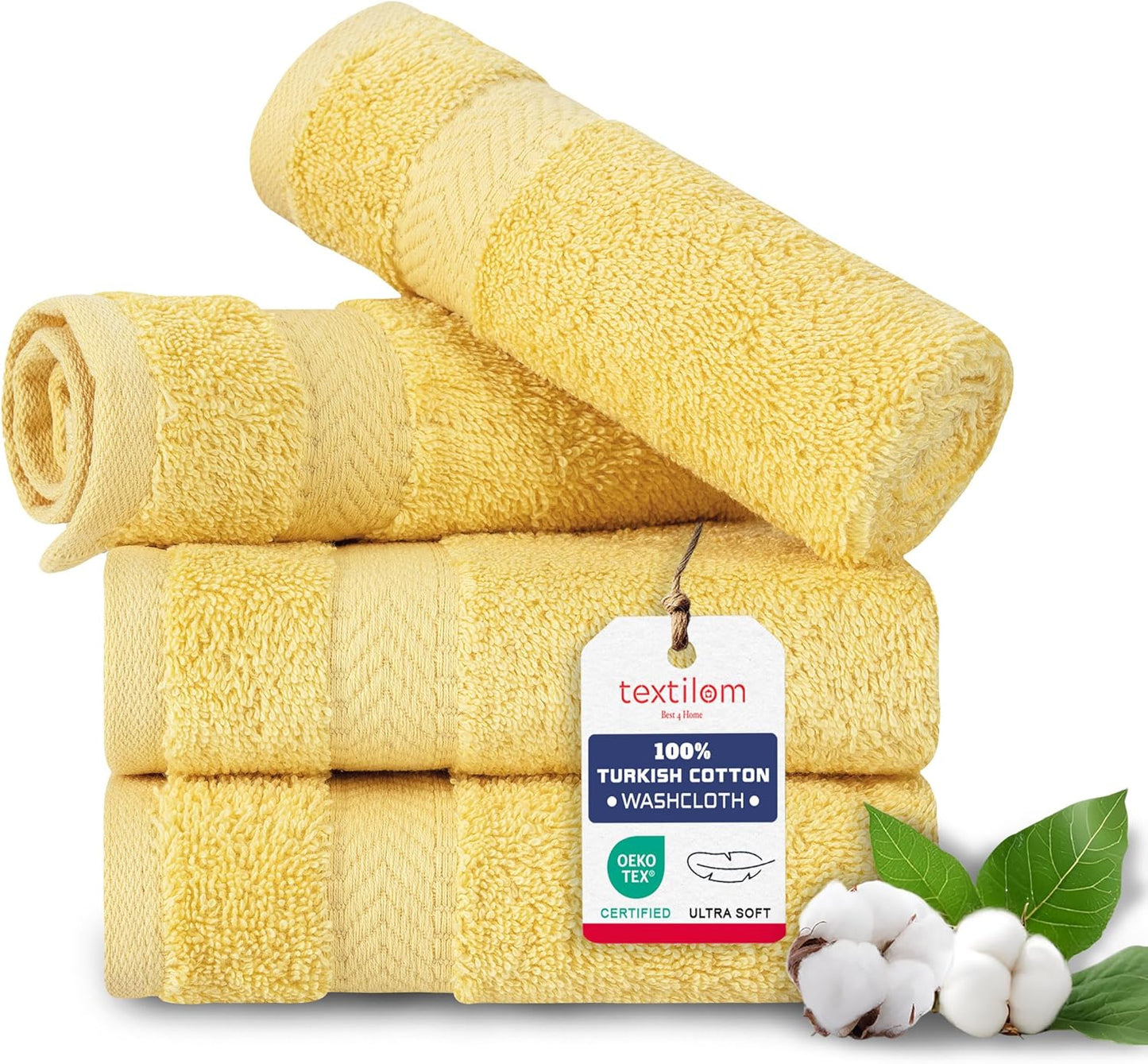 TEXTILOM Washcloths for Body and Face – Hotel and Spa Quality & Soft & Absorbent & Quick Dry Wash Cloths for Your Body – 100% Turkish Cotton Wash Clothes Towel Set of 4 (13 x 13 inches) - Yellow