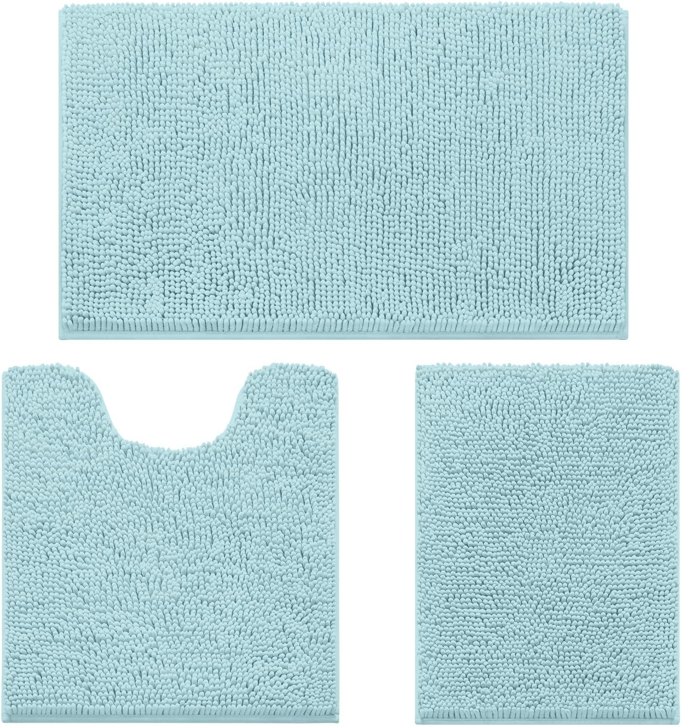 HOMEIDEAS 3 Pieces Bathroom Rugs, Ultra Soft Non Slip Absorbent Chenille Toilet Bath Mat Set (Light Blue,17"x24"+20"x32"+U Shape 20"x24")