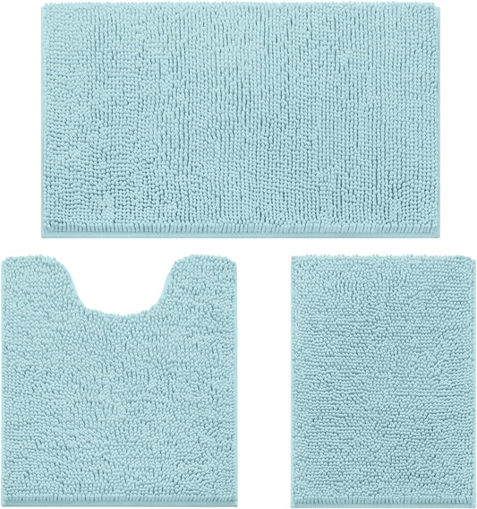 HOMEIDEAS 3 Pieces Bathroom Rugs, Ultra Soft Non Slip Absorbent Chenille Toilet Bath Mat Set (Light Blue,17"x24"+20"x32"+U Shape 20"x24")