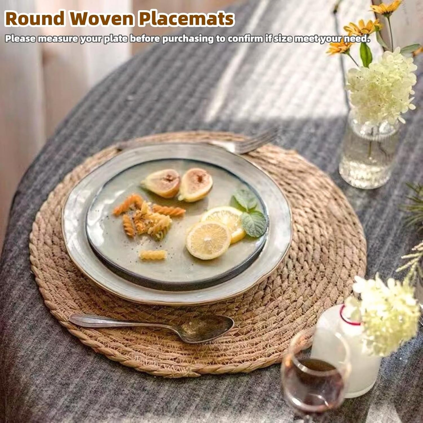 Round Woven Placemats Set of 12, 12" Boho Rattan Chargers for Dinner Plates, Natural Farmhouse Weave Place Mats, Rustic Braided Wicker Table Mats for Dining Table, Home, Outdoor