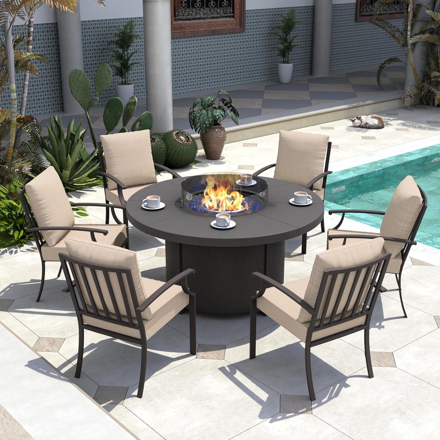 Kurapika 7 Piece Metal Outdoor Patio Furniture Set with 48" Round Fire Pit Table, Patio Conversation Sets 6 Fixed Chairs with Thick Cushion and 40000 BTU Propane Fire Pit Table, Sand
