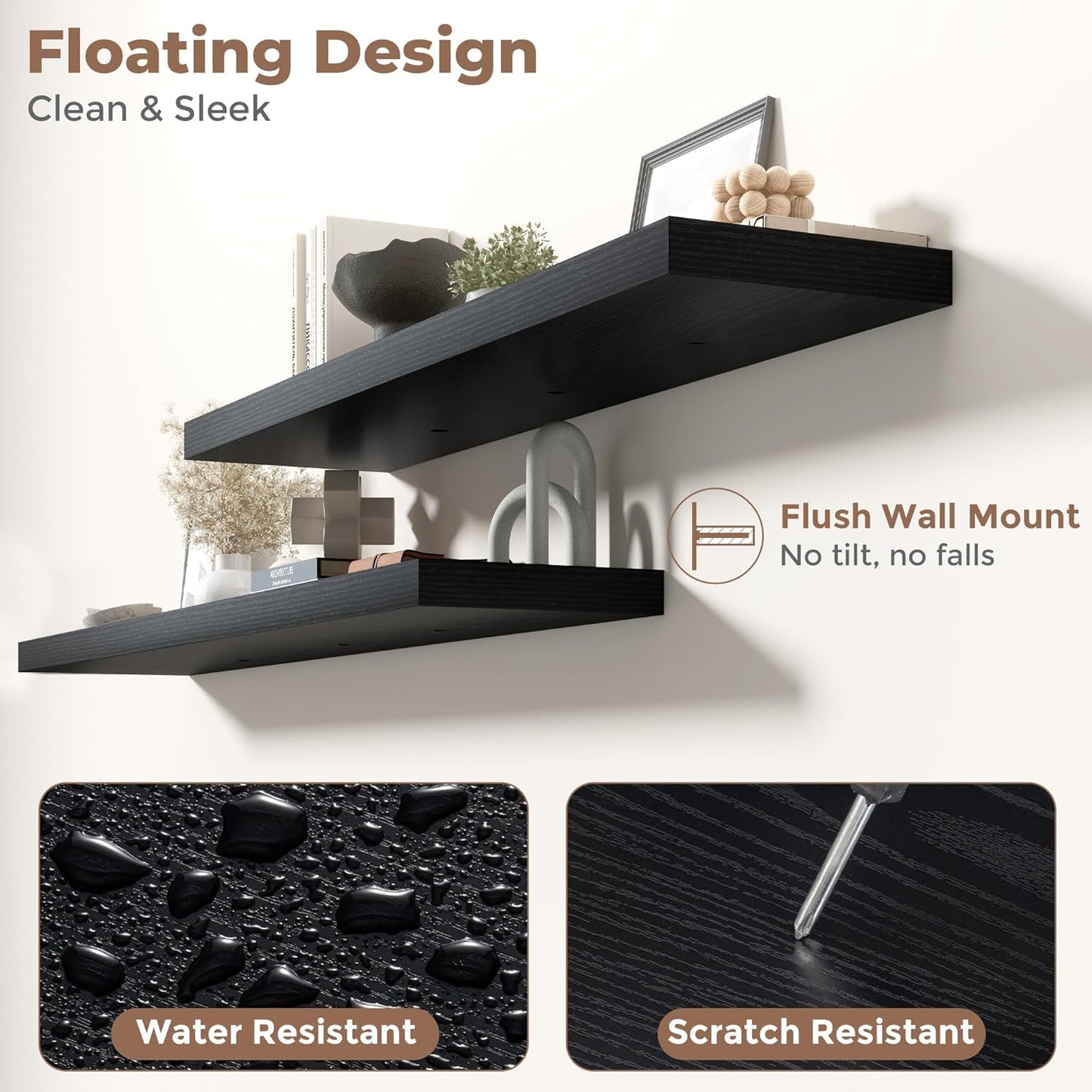 Floating Shelves for Wall with Invisible Brackets, Wall Mounted Engineered Wood Shelves with Wood Grain for Living Room, Bedroom, Bathroom, Kitchen Decor and Storage, Oak, 55"L Set of 2, Black