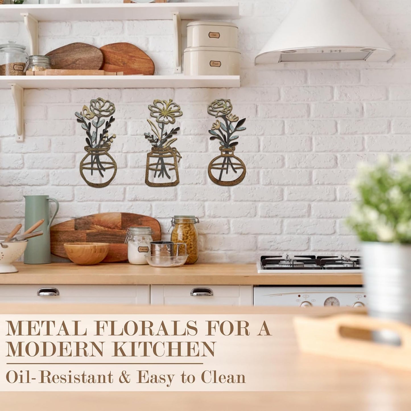 Metal Flower Wall Art 3 Pieces, Rustic Farmhouse Decor Wall Decor, Metal Wall Sculptures Hanging for Kitchen Bathroom Living Room (Brown)