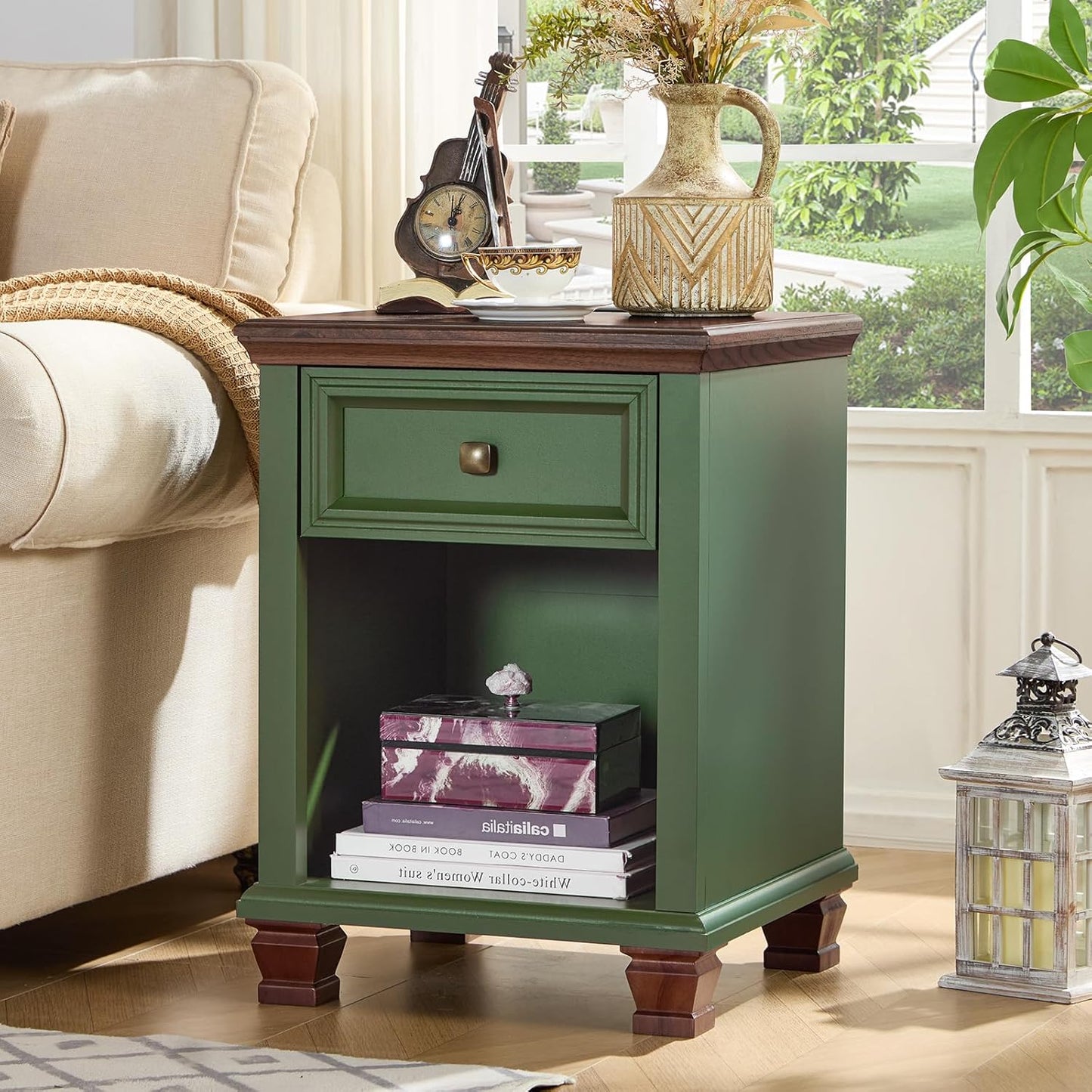 Farmhouse End Tables Living Room with Drawer, Rustic Wood Nightstand with Charging Station, Bedside Table with Open Shelf for Bed Room, Living Room, Green