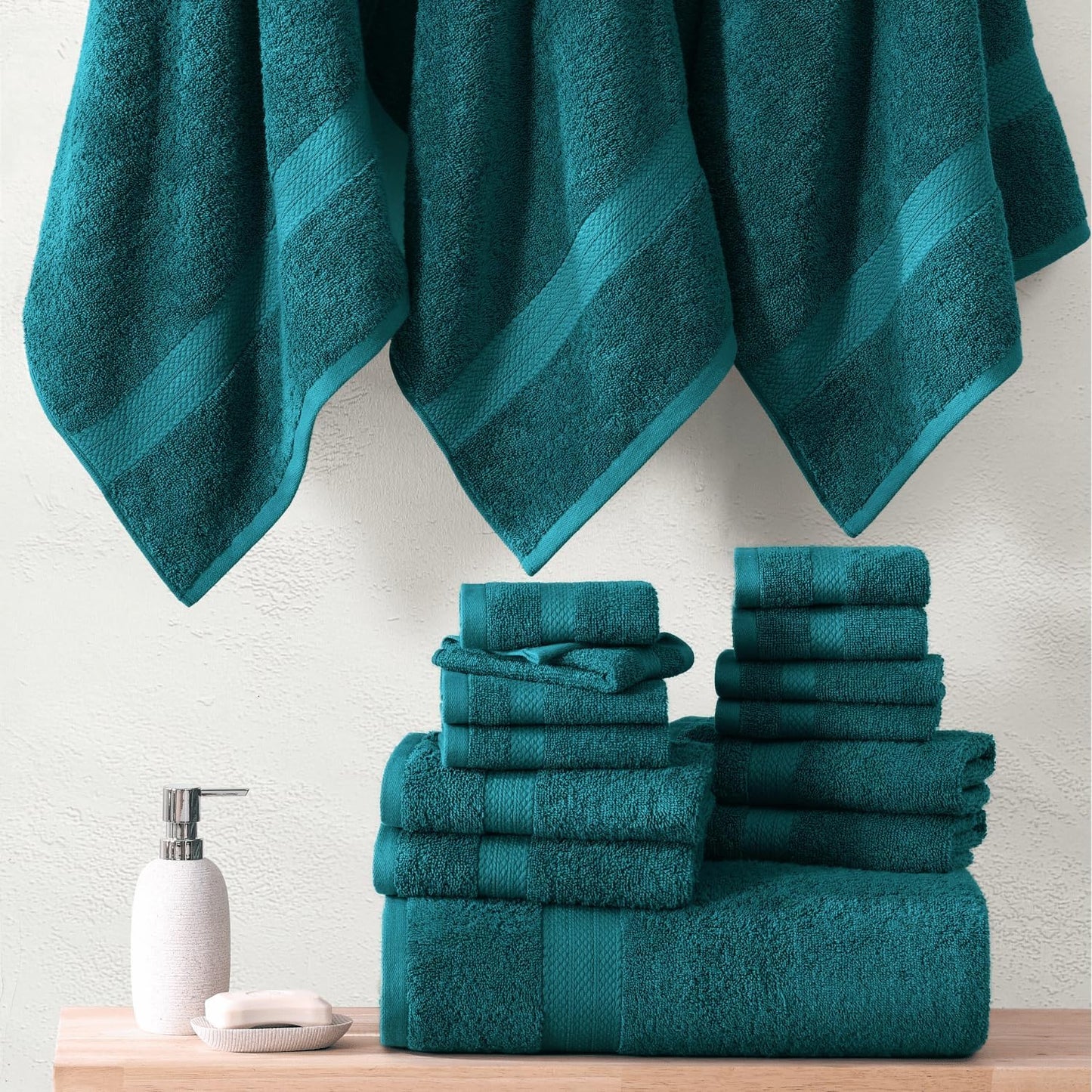 LANE LINEN 100% Cotton Luxury Bath Towel Set - 16 Pieces - Ring Spun, Quick Dry, Highly Soft & Absorbent - 4 Bath Towels, 8 Washcloths, 4 Hand Towels for Bathroom - Sustainably Produced - Sea Port