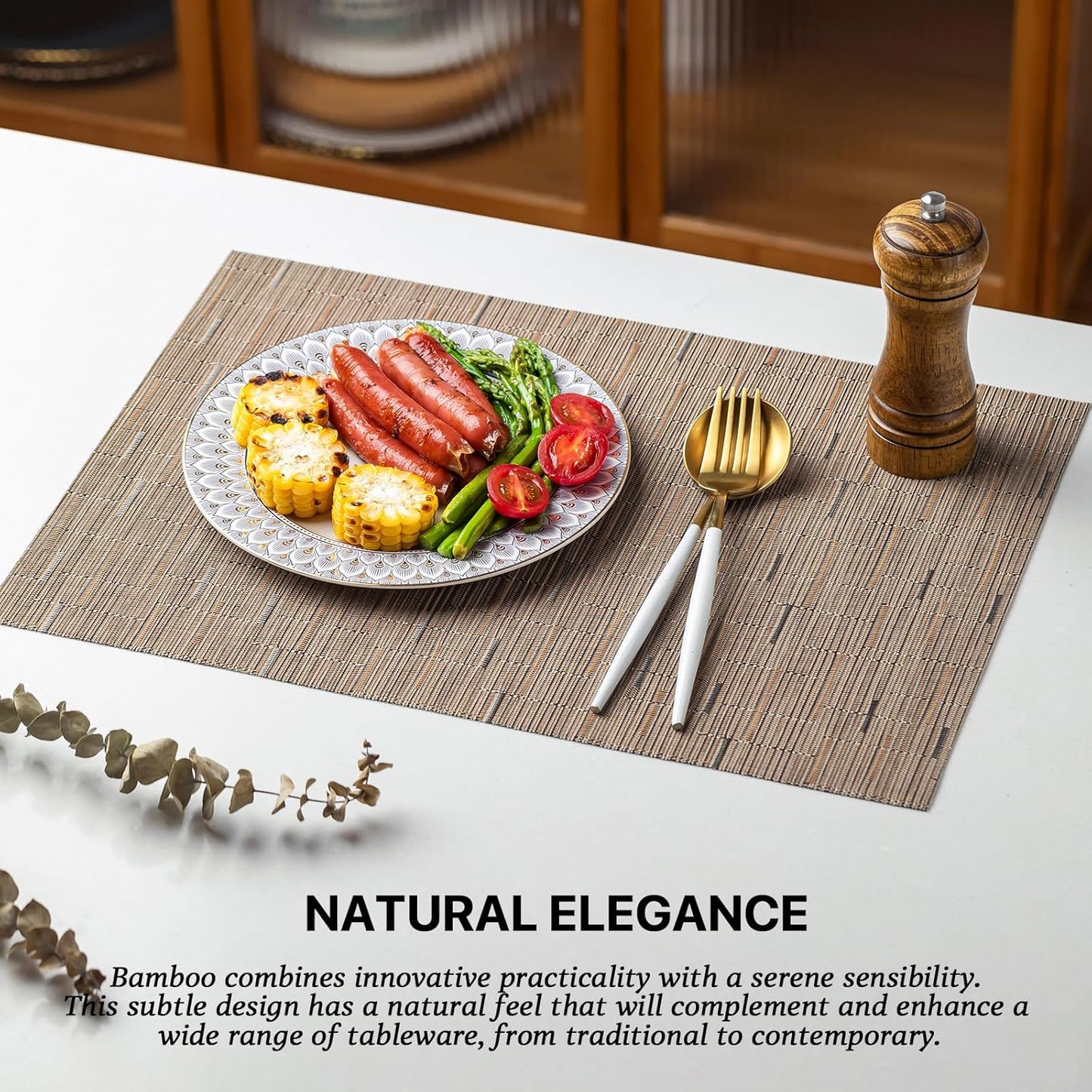 LEXMORE Placemats Set of 4 Vinyl/Plastic Woven Place Mats for Kitchen Table Indoor/Outdoor Washable Placemat Wipeable Dining Table Mats(Light Brown)