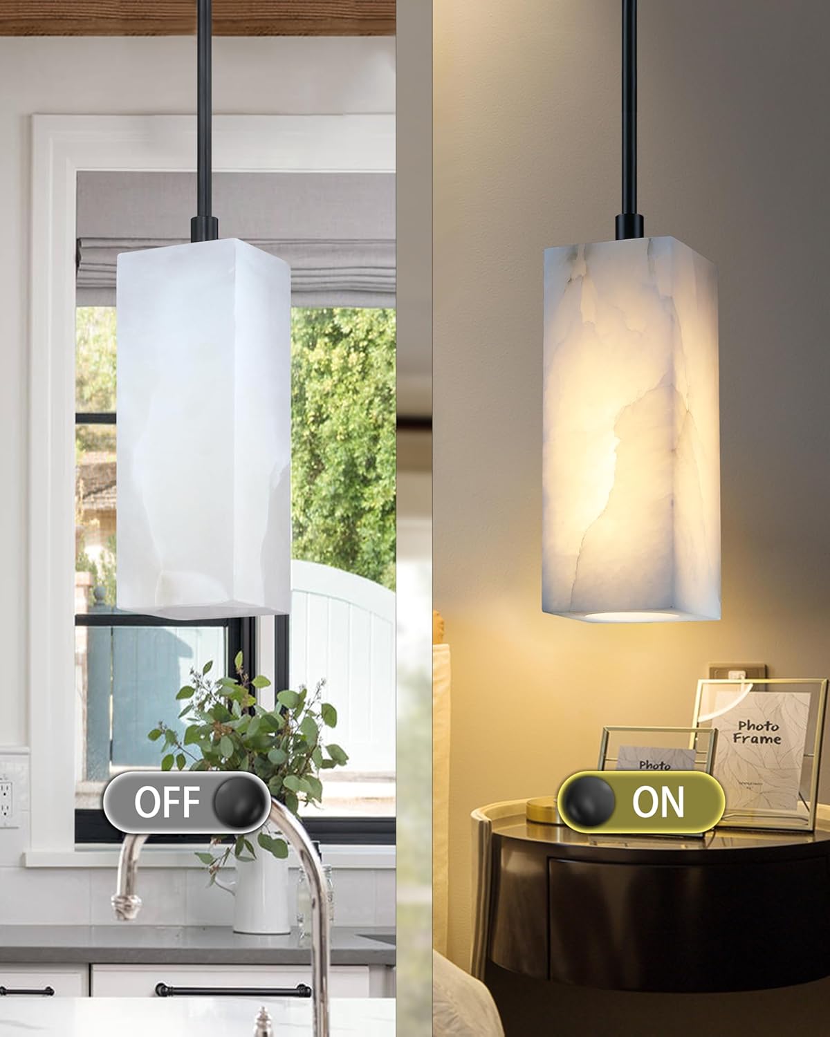 1 Light Modern Industrial Farmhouse Hanging Kitchen Island Pendant Ceiling Light Fixture,Square Natural Alabaster Marble Black Finish Over Sink Restaurant bar Corridor