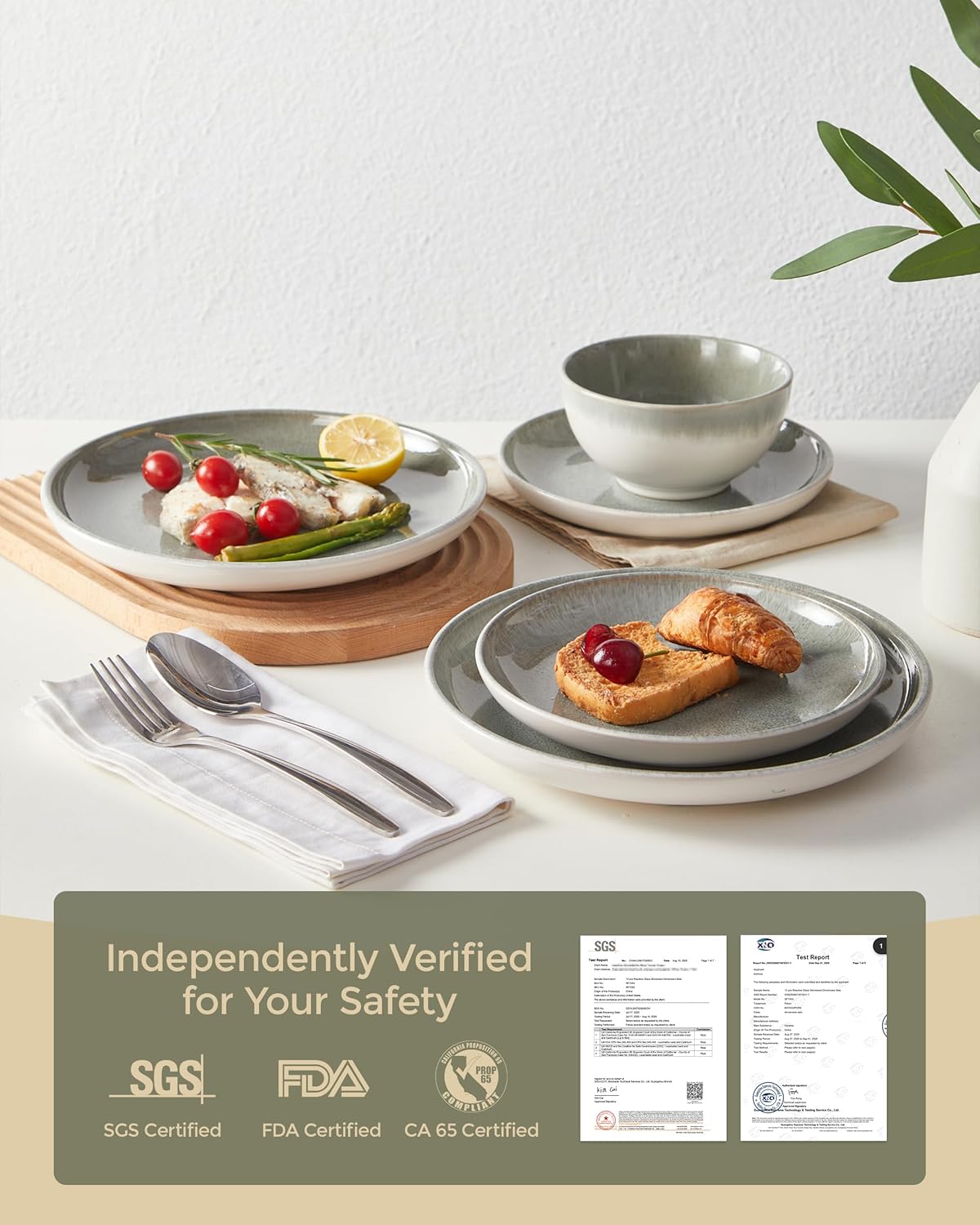 Ceramic Dinnerware Sets for 6, 18 Pieces Stoneware Plates and Bowls Sets, Chip and Stain Resistant Modern Dishes, Dishwasher & Microwave Safe Dinner Set, Gradient Green