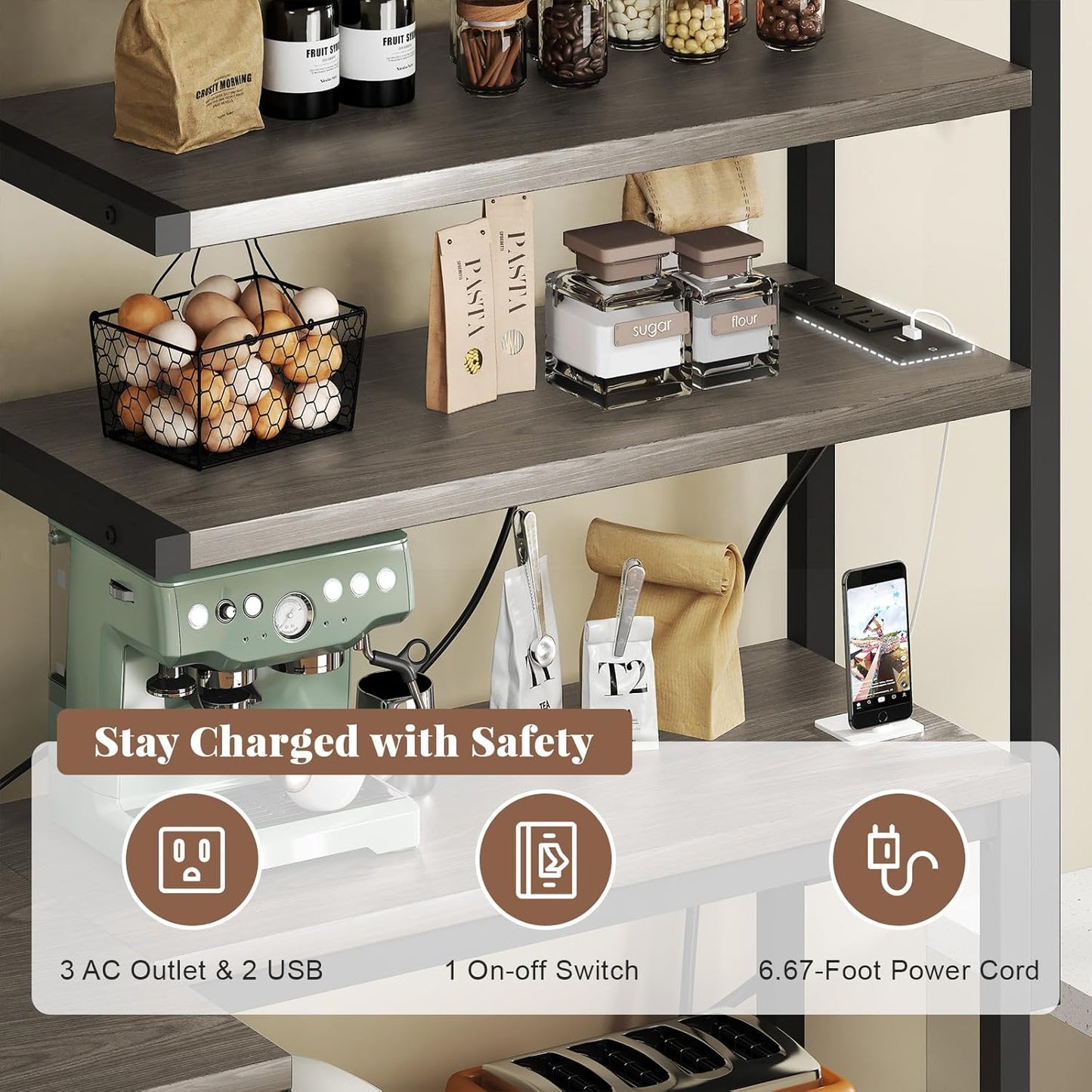 L-Shaped Bakers Rack with Power Outlets, 6-Tier Microwave Stand with Hooks, Coffee Bar with Open Storage, Mesh Grid, Kitchen Shelf with Wire Basket, Grey