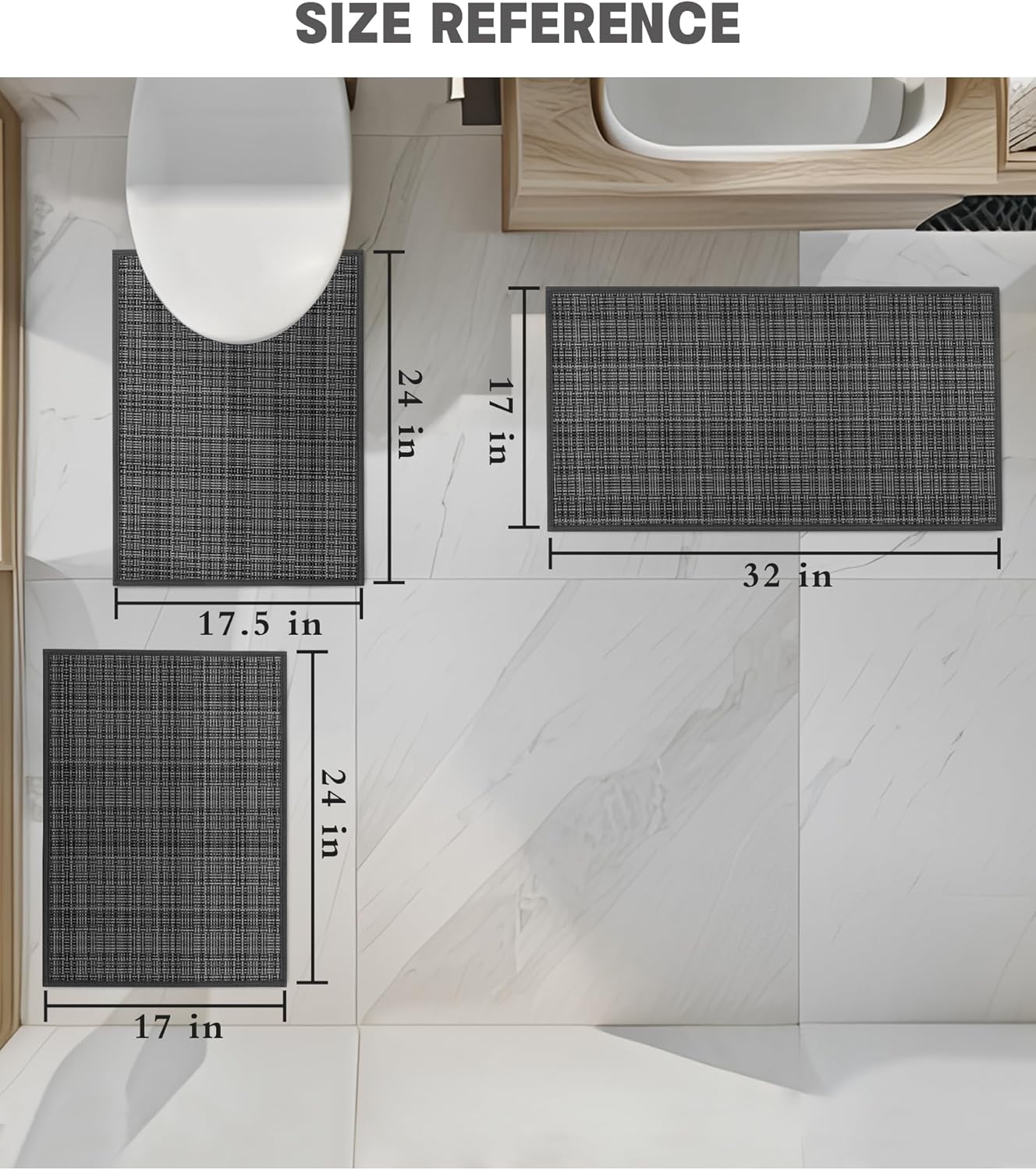 YIHOUSE Bathroom Rugs Sets 3 Pieces, Dark Grey Ultra Thin Bath Mats Fit Under Door, Absorbent Quickly Dry Rubber Backing Braided Bath Mat Set, Non Slip Washable Bath Rugs for Bathroom Floor, Grey