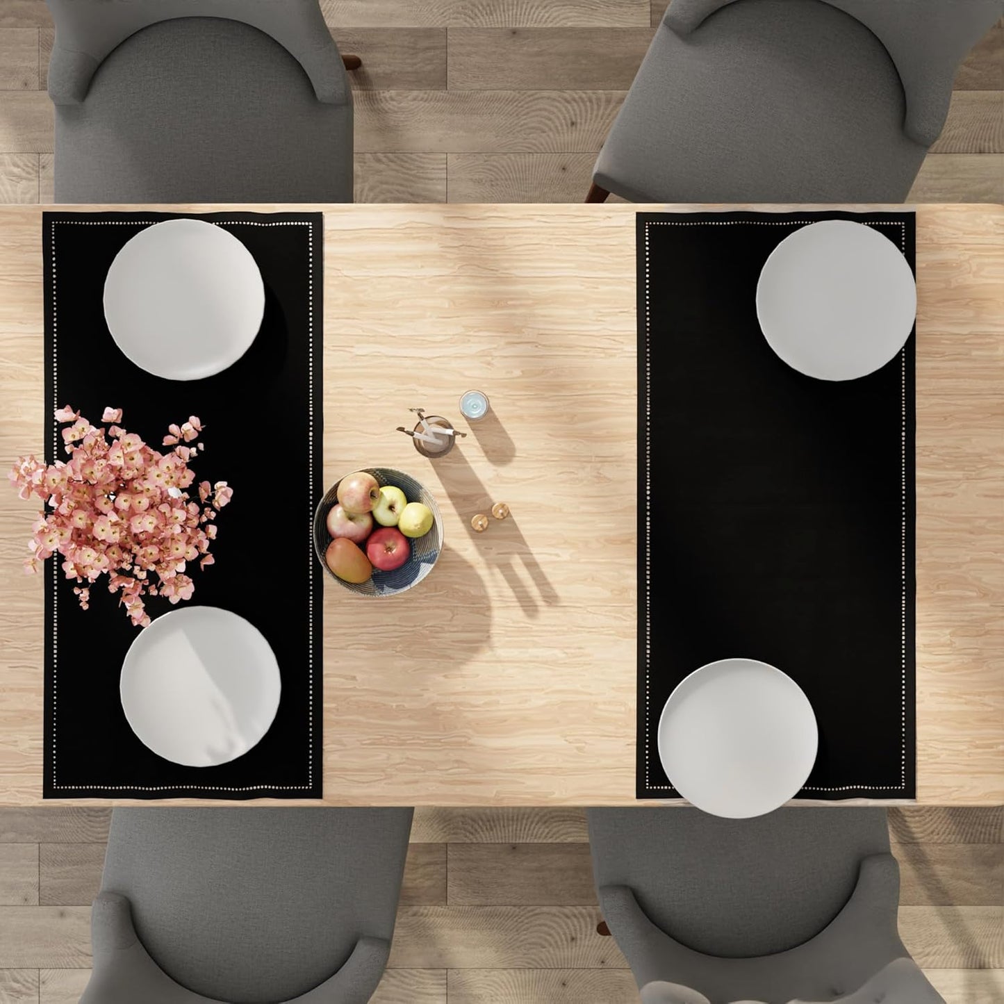 Encasa XO Dining Table Runner 16"x36" | Pure Cotton Hemstitched Design | Black - Machine Washable