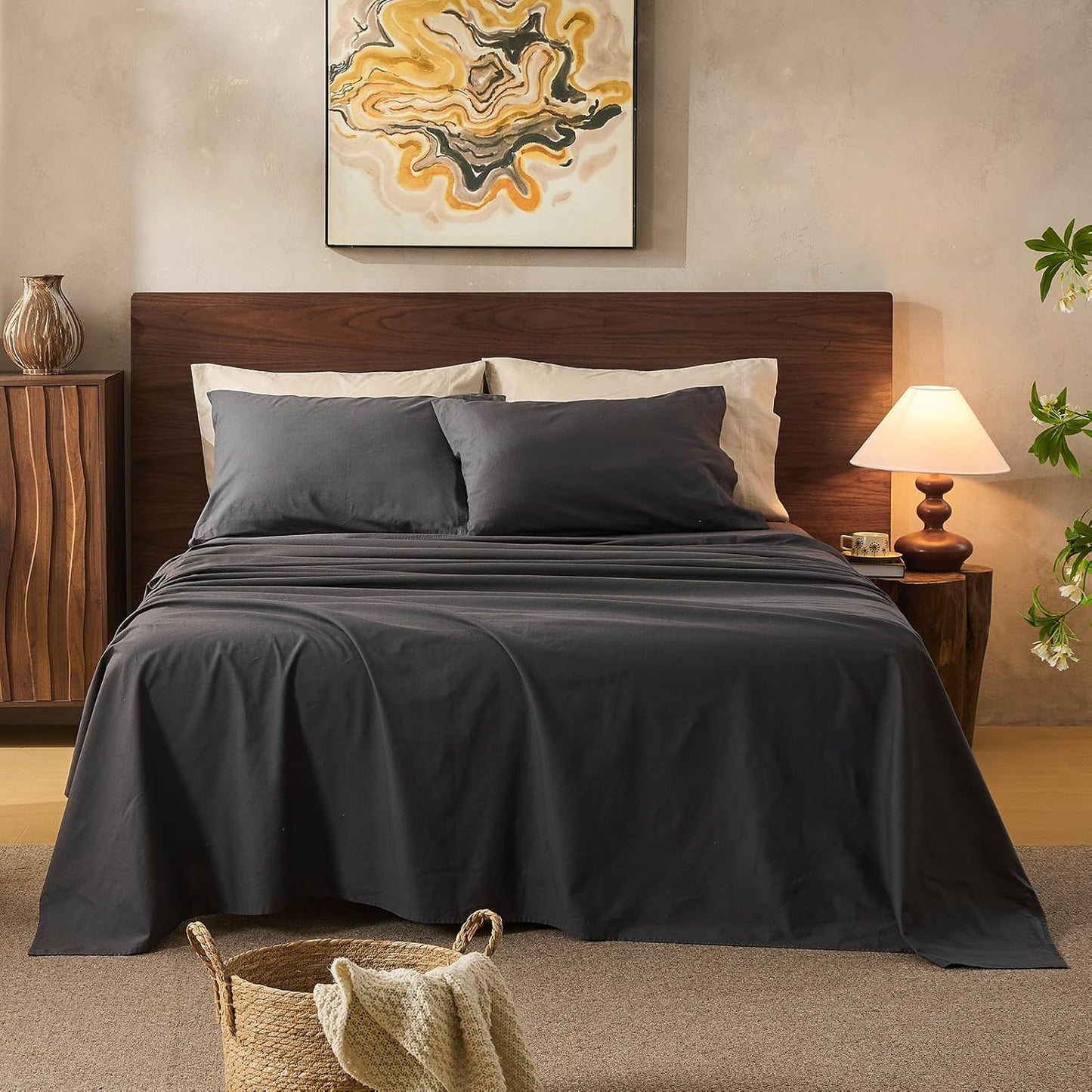 100% Linen Sheets California King Size,Breathable & Durable 4-Piece Bed Flax Sheet Set,Soft All-Season Bedding for Hot Sleepers 16" Deep Pocket Oeko-TEX Certified,（Cal King, Dark Grey）