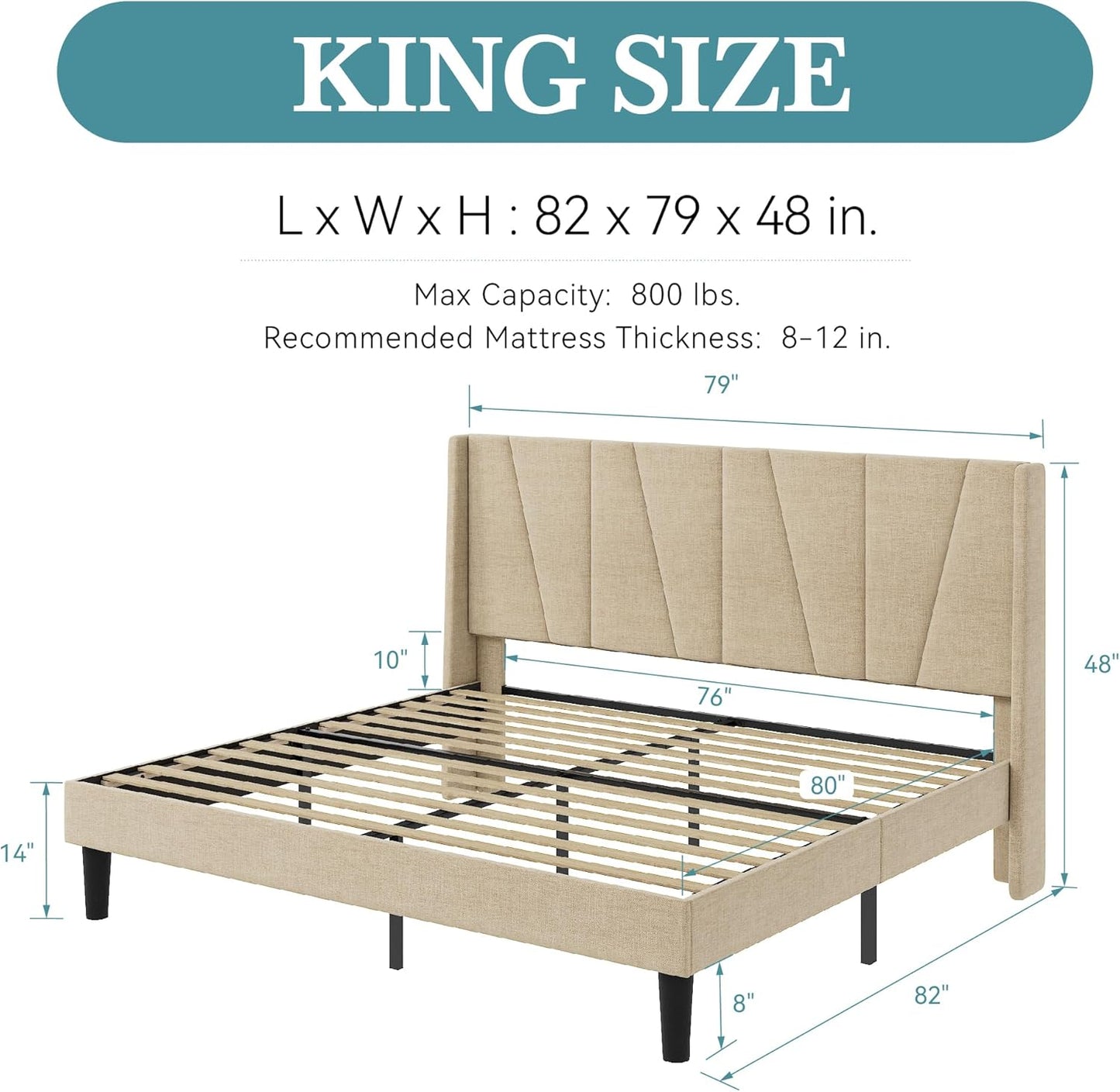 HOOMIC King Size Platform Bed Frame with Geometric Wingback Headboard, Wooden Slats Support, No Box Spring Needed, Modern Style in Beige