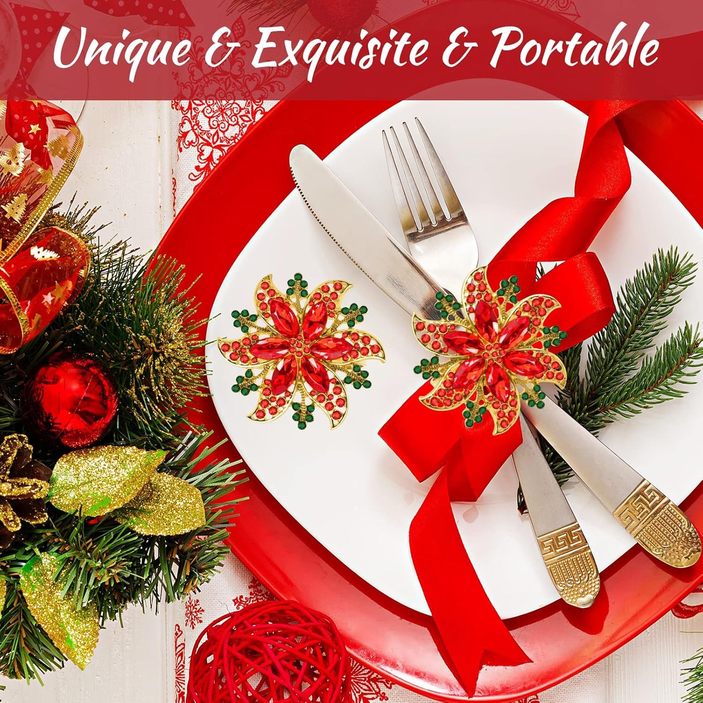 Legigo Set of 8 Christmas Flower Napkin Rings Set for Dinning Table Setting- Red Rhinestone Xmas Winter Napkin Ring Holders for Cloth Napkins, Christmas Holiday Party Dinner Table Decoration
