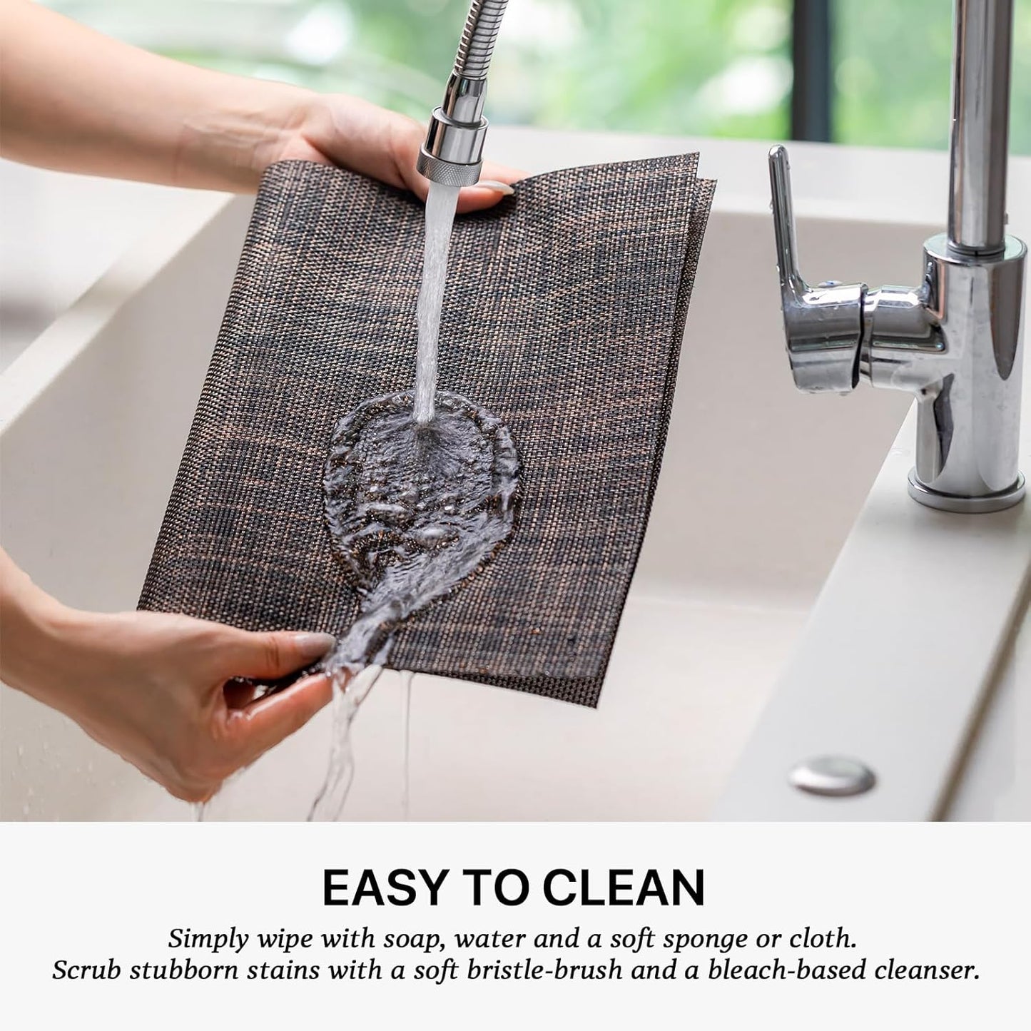 LEXMORE Placemats Set of 4 Vinyl/Plastic Woven Place Mats for Kitchen Table Indoor/Outdoor Washable Placemat Wipeable Dining Table Mats(Black/Brown)