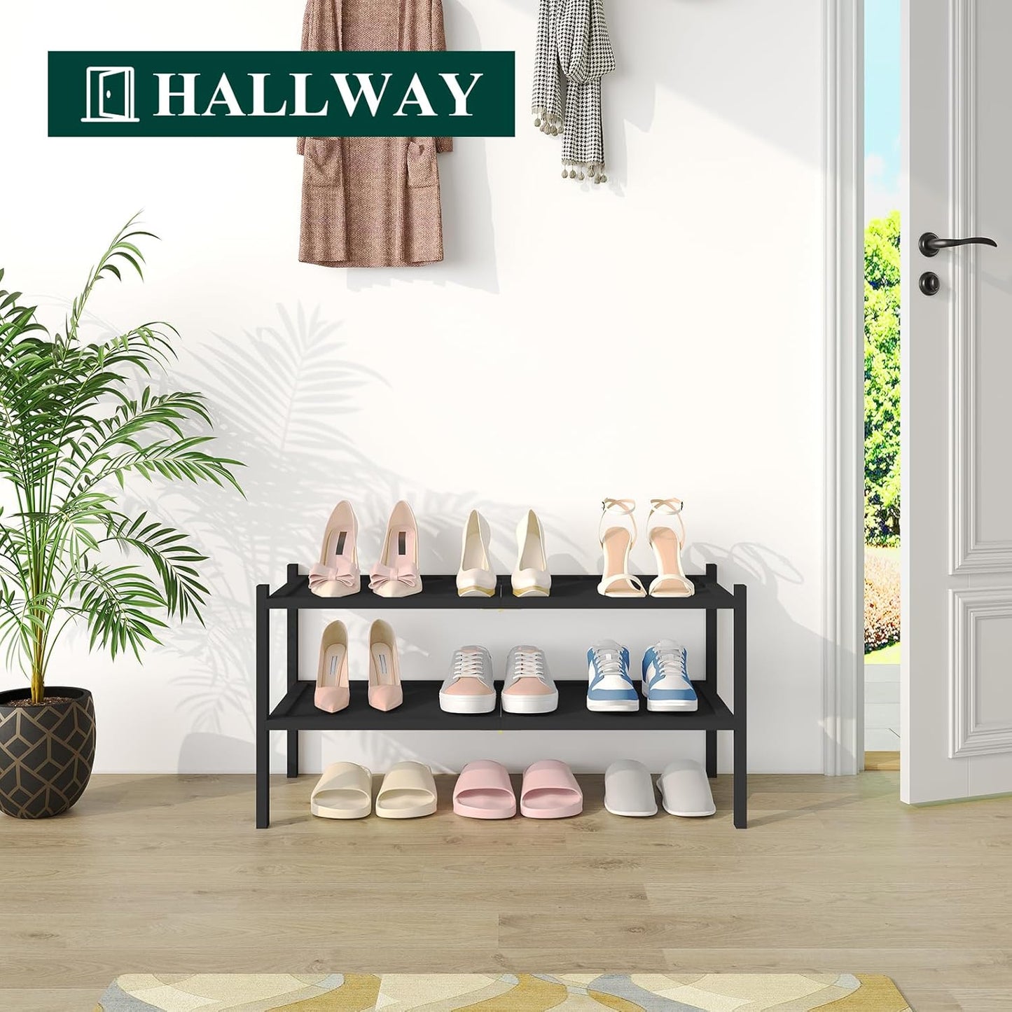 Smiry Bamboo Shoe Rack, 2 Tier Shoe Organizer for Entryway & Closet, Stackable Free Standing Storage Shelf for Shoes, Bags & Plants, Black