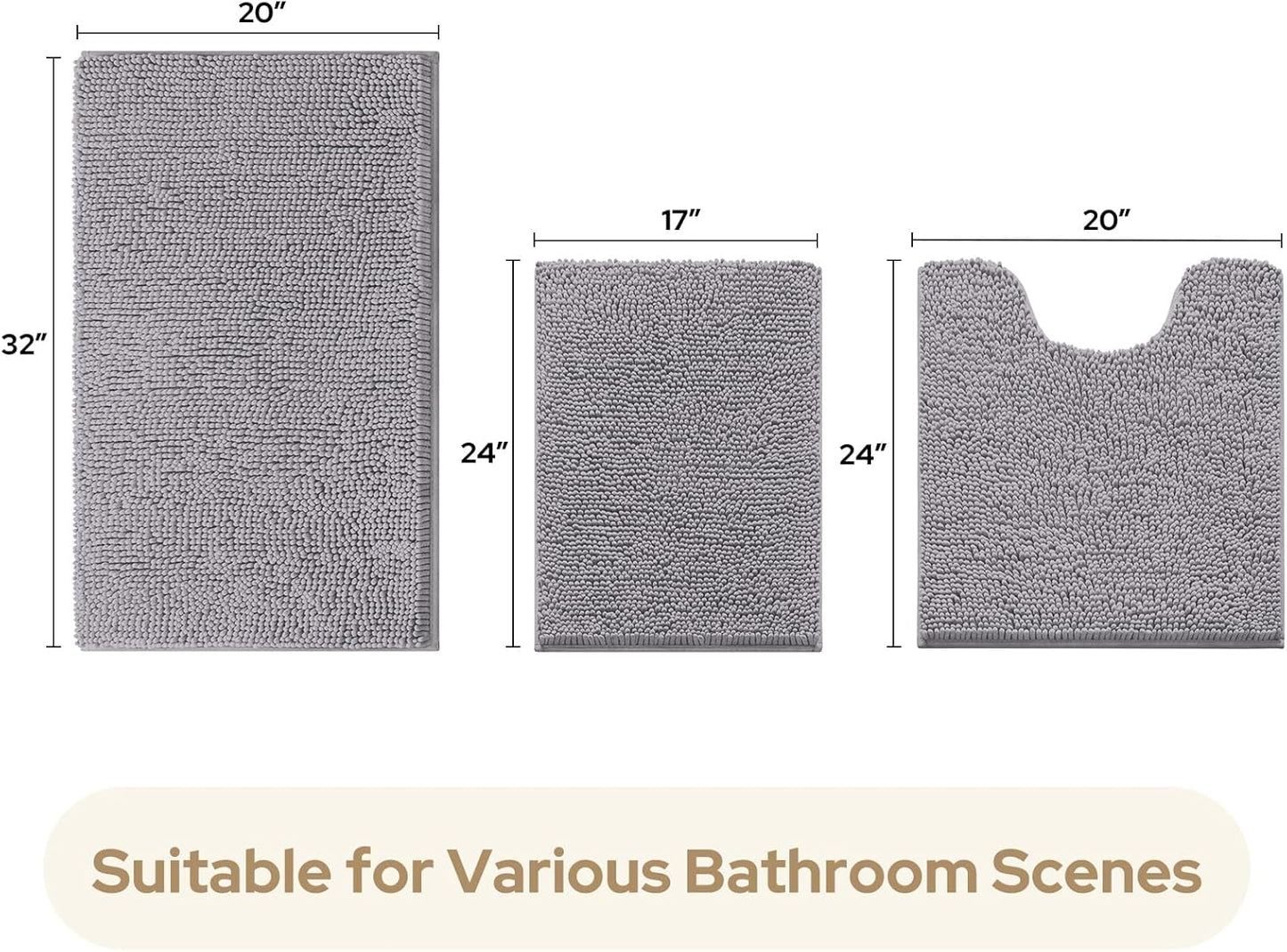 HOMEIDEAS 3 Pieces Bathroom Rugs, Ultra Soft Non Slip Absorbent Chenille Toilet Bath Mat Set (Grey,17"x24"+20"x32"+U Shape 20"x24")