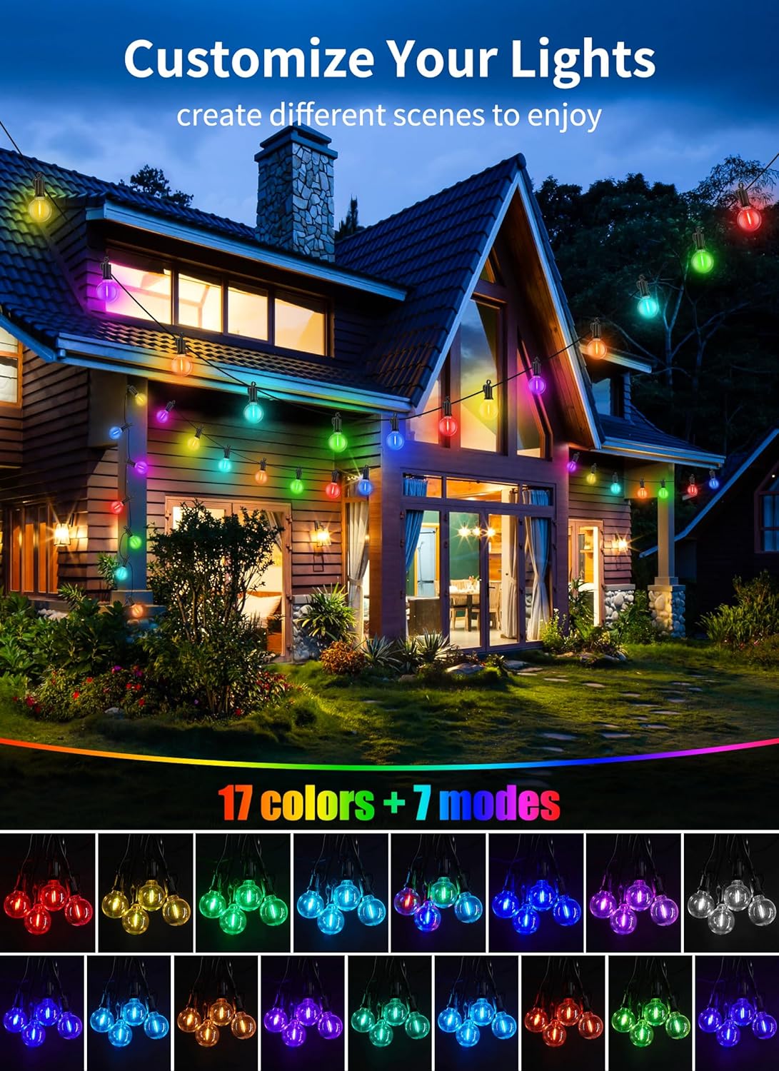 Brightown RGBW Outdoor String Lights, 58FT LED Patio Lights with Remote and Timer, Commercial Grade Waterproof Hanging Lights with 27 Shatterproof Bulbs(2 Spare) for Backyard Porch Garden Party Decor