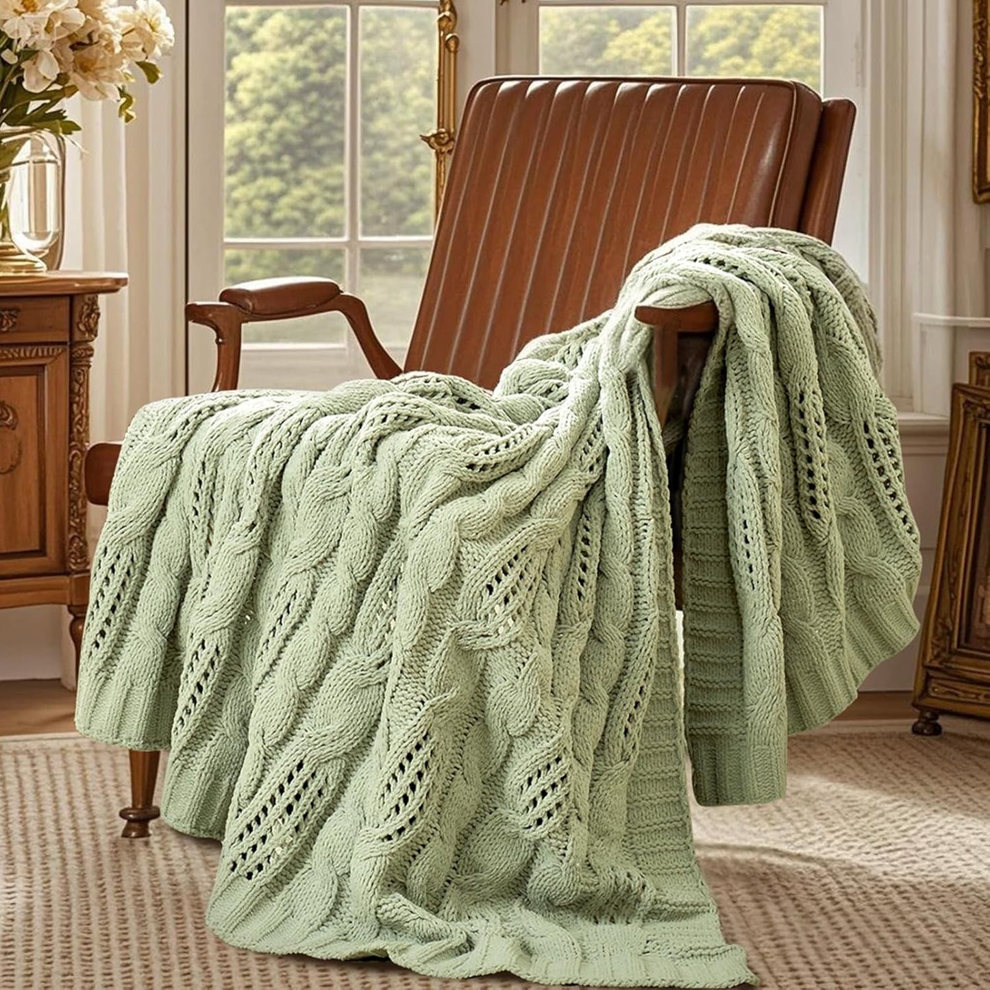 Amélie Home Chunky Knit Chenille Throw Blanket, Dual-Sided Soft Chenille Breathable Cable Knitted Blanket for Couch, Farmhouse Decorative Throw for Sofa & Chair, 60"x80", Sage Green