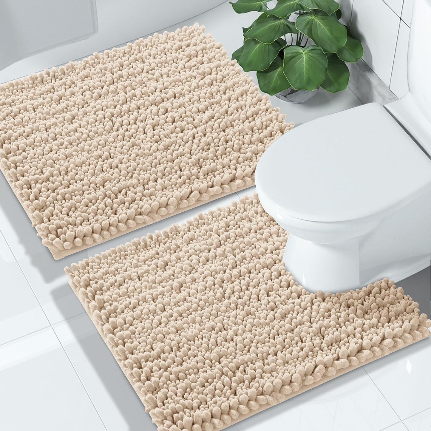 Yimobra Bathroom Rugs Sets 2 Piece - Quick Dry Extra Thick Luxury Chenille Bath Mat, Non Slip Super Absorbent for Tub Shower Sink, Machine Washable Shaggy Floor Mat, 24"x17+24"x20" Inch, Light Brown