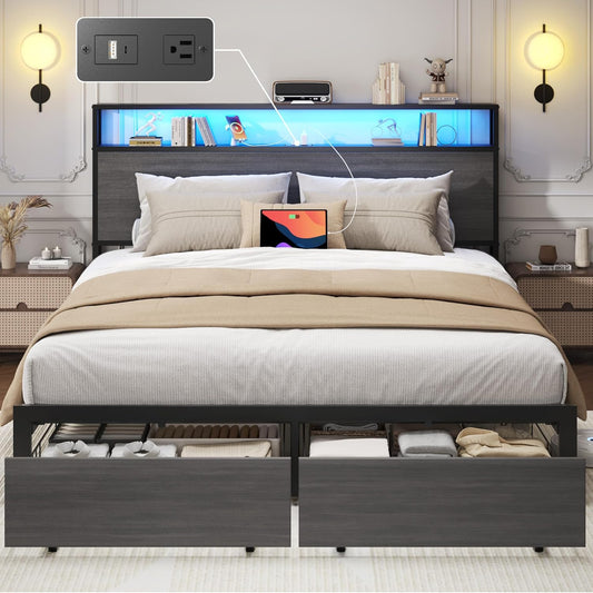 Lifezone Queen Bed Frame with 2-Tier Storage Headboard, Metal Bed Frame with Storage Drawers & Built-in Charging Station & LED, Noise-Free, No Box Spring Needed, Easy Assembly, Rustic Grey