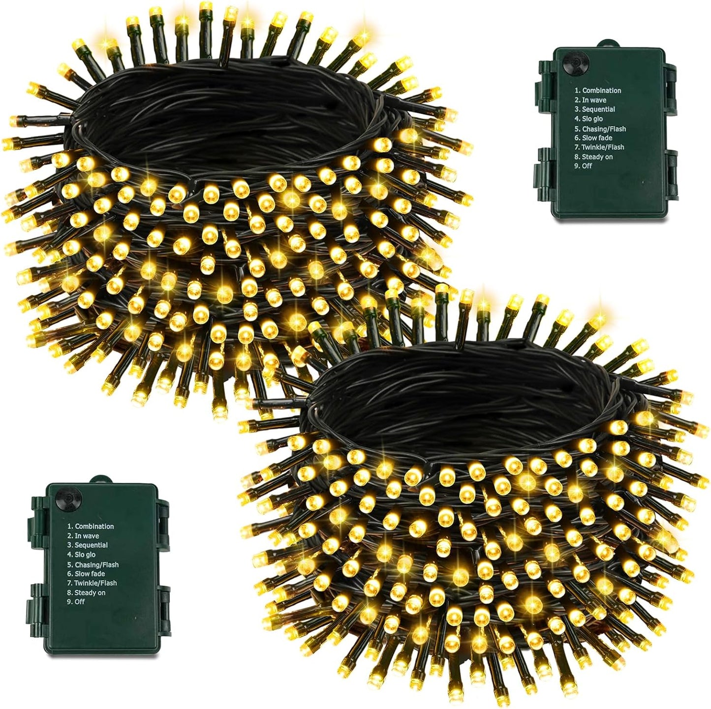 2 Pack Battery Operated Christmas Lights with Timer, 66FT 200 LED Waterproof Battery Twinkle Light, 8 Modes Green Wire Fairy Lights for Indoor & Outdoor Bedroom Tree Christmas Decorations (Warm White)