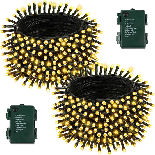 2 Pack Battery Operated Christmas Lights with Timer, 66FT 200 LED Waterproof Battery Twinkle Light, 8 Modes Green Wire Fairy Lights for Indoor & Outdoor Bedroom Tree Christmas Decorations (Warm White)