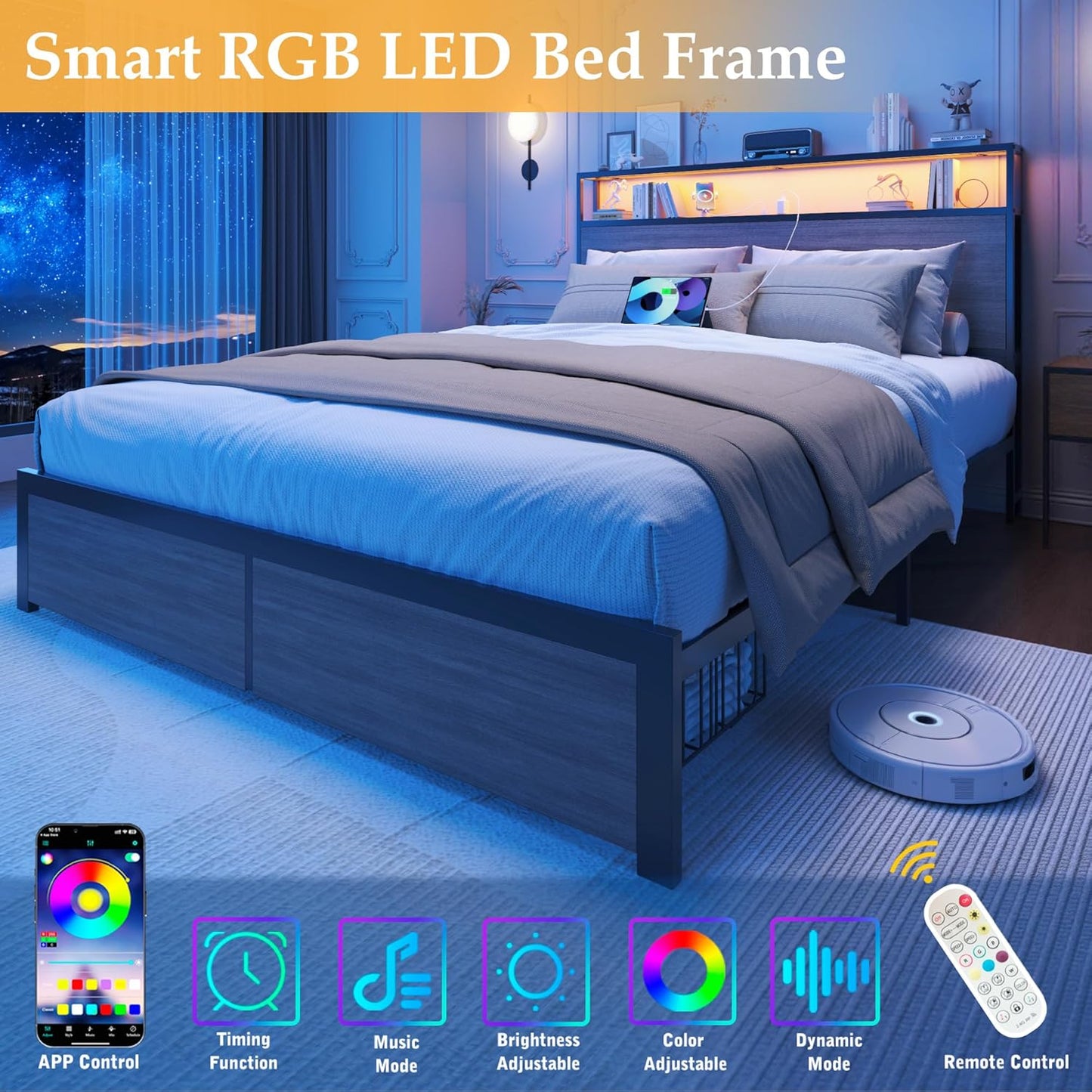 Lifezone Full Bed Frame with 2-Tier Storage Headboard, Metal Bed Frame with Storage Drawers & Built-in Charging Station & LED, Noise-Free, No Box Spring Needed, Easy Assembly, Rustic Grey