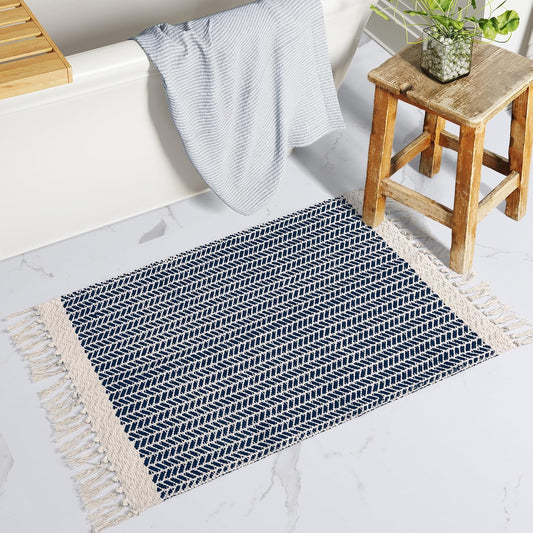 Lahome Boho Bathroom Rugs, Small 2x3 Front Door Mat Lightweight Entryway Rug Woven Cotton Area Rug with Tassels, Farmhouse Non Shedding Washable Blue Throw Rug Low Pile Carpet for Entry Laundry