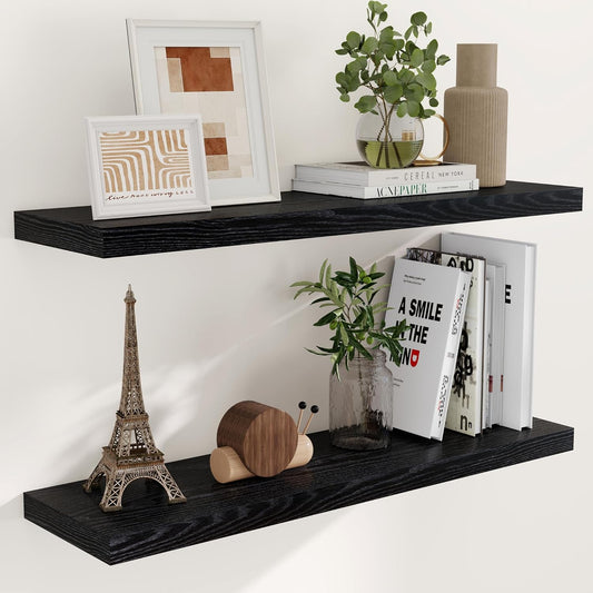 40 Inch Floating Shelves Black, 40" W x 9.3" D Floating Shelf Set of 2, Farmhouse Wood Wall Shelves for Bedroom, Kitchen, Wall Mounted Deep Shelving for Home Decor