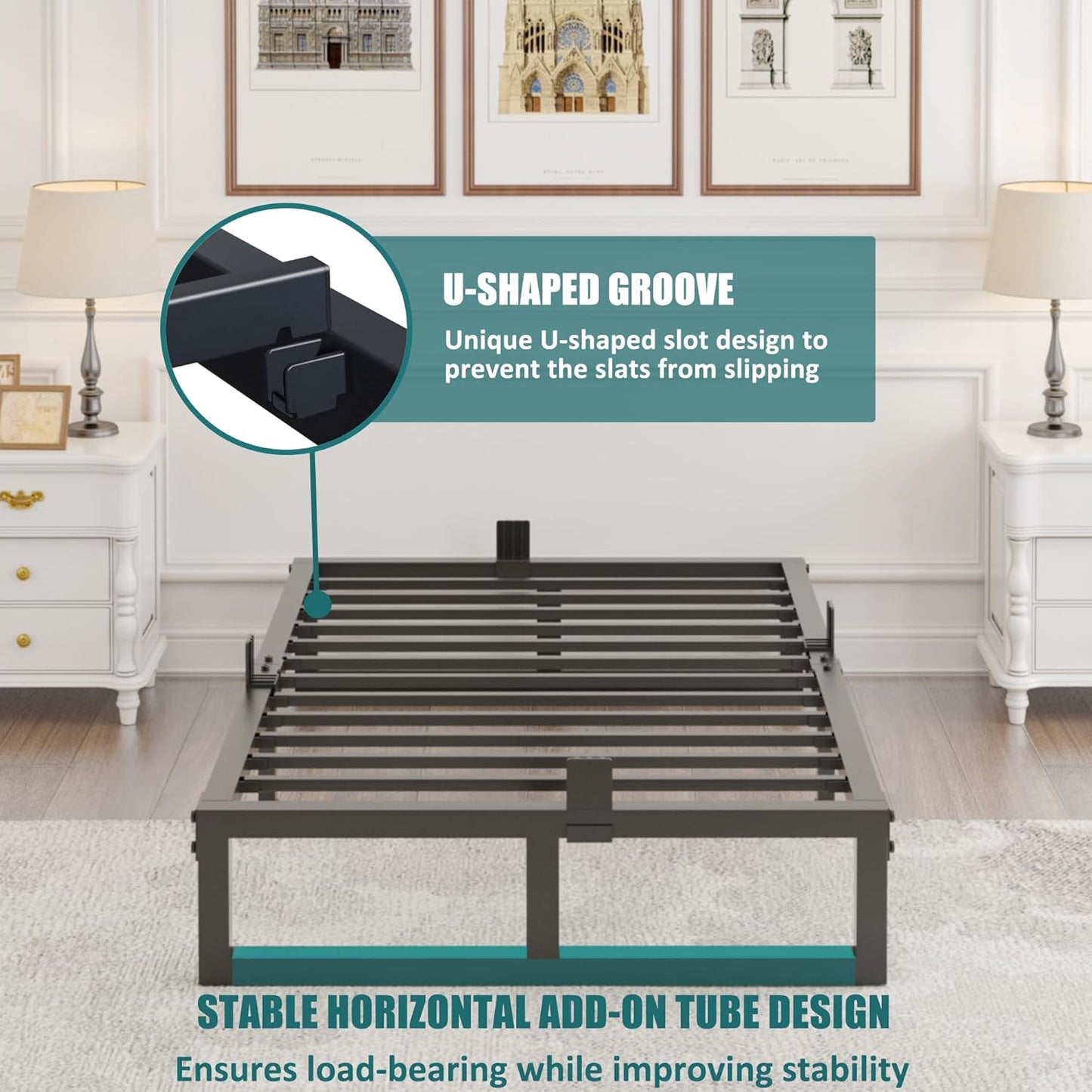 10 inch Queen Bed Frame Low Profile Metal Platform with Mattress Slide Stopper,Heavy Steel Slats Support Frames,No Box Spring Needed,Noise Free,Non-Slip,Easy Assembly