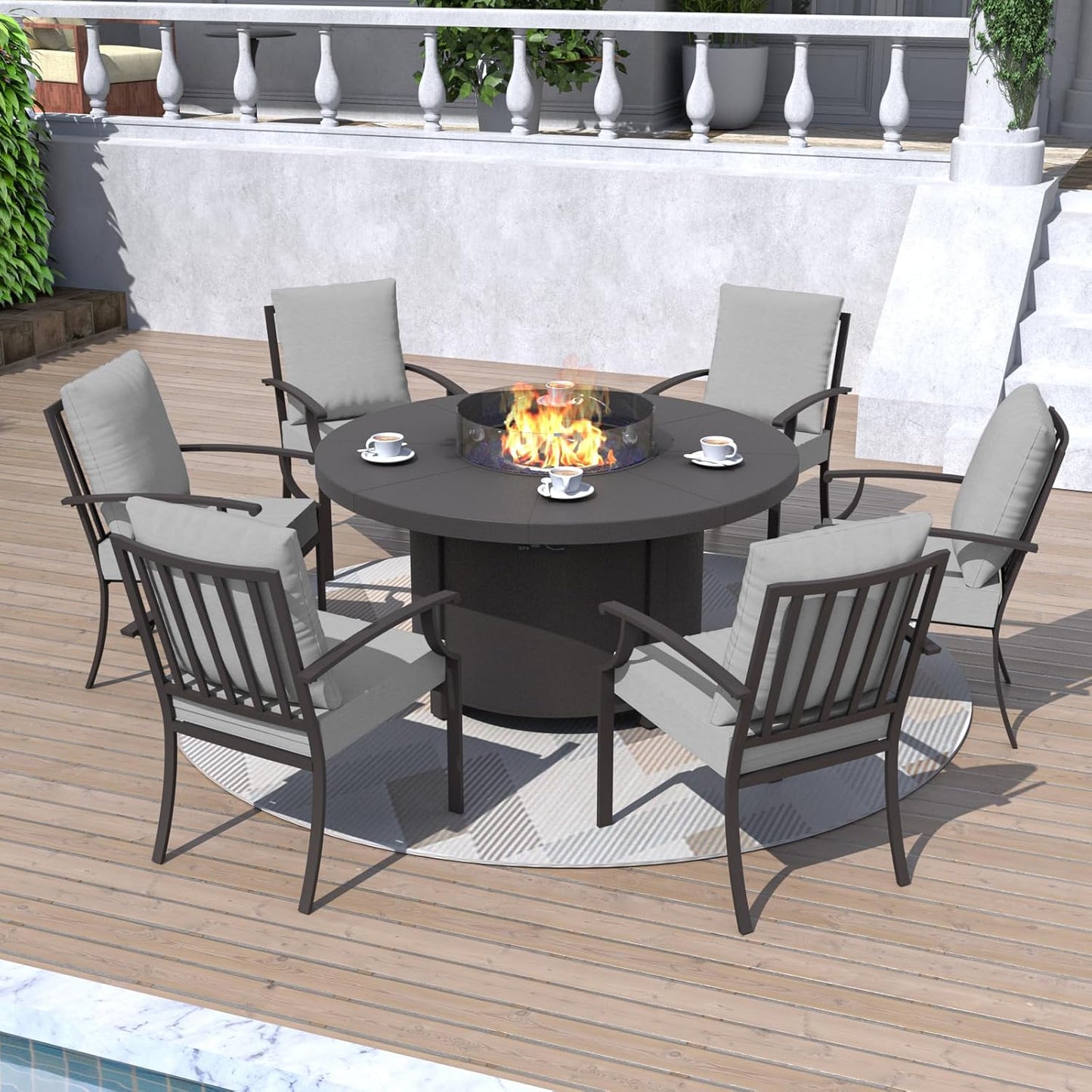 Kurapika 7 Piece Metal Outdoor Patio Furniture Set with 48" Round Fire Pit Table, Patio Conversation Sets 6 Fixed Chairs with Thick Cushion and 40000 BTU Propane Fire Pit Table, Grey