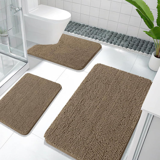 OLANLY Bathroom Rugs Sets 3 Piece, Soft Absorbent Chenille Bath Mats and U-Shaped Contour Toilet Rug, Quick Dry, Home Decor Accessories, Bath Mat Set for Bathroom (36"x24"+24"x16"+24"x20", Tan)