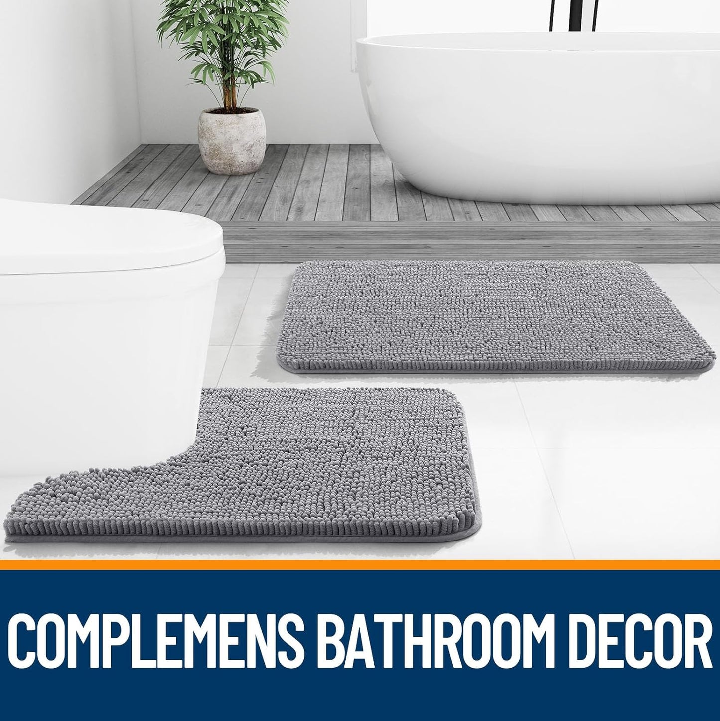 OLANLY Bathroom Rugs Sets 3 Piece, Soft Absorbent Chenille Bath Mats and U-Shaped Contour Toilet Rug, Quick Dry, Home Decor Accessories, Bath Mat Set for Bathroom (36"x24"+24"x16"+24"x20", Grey)