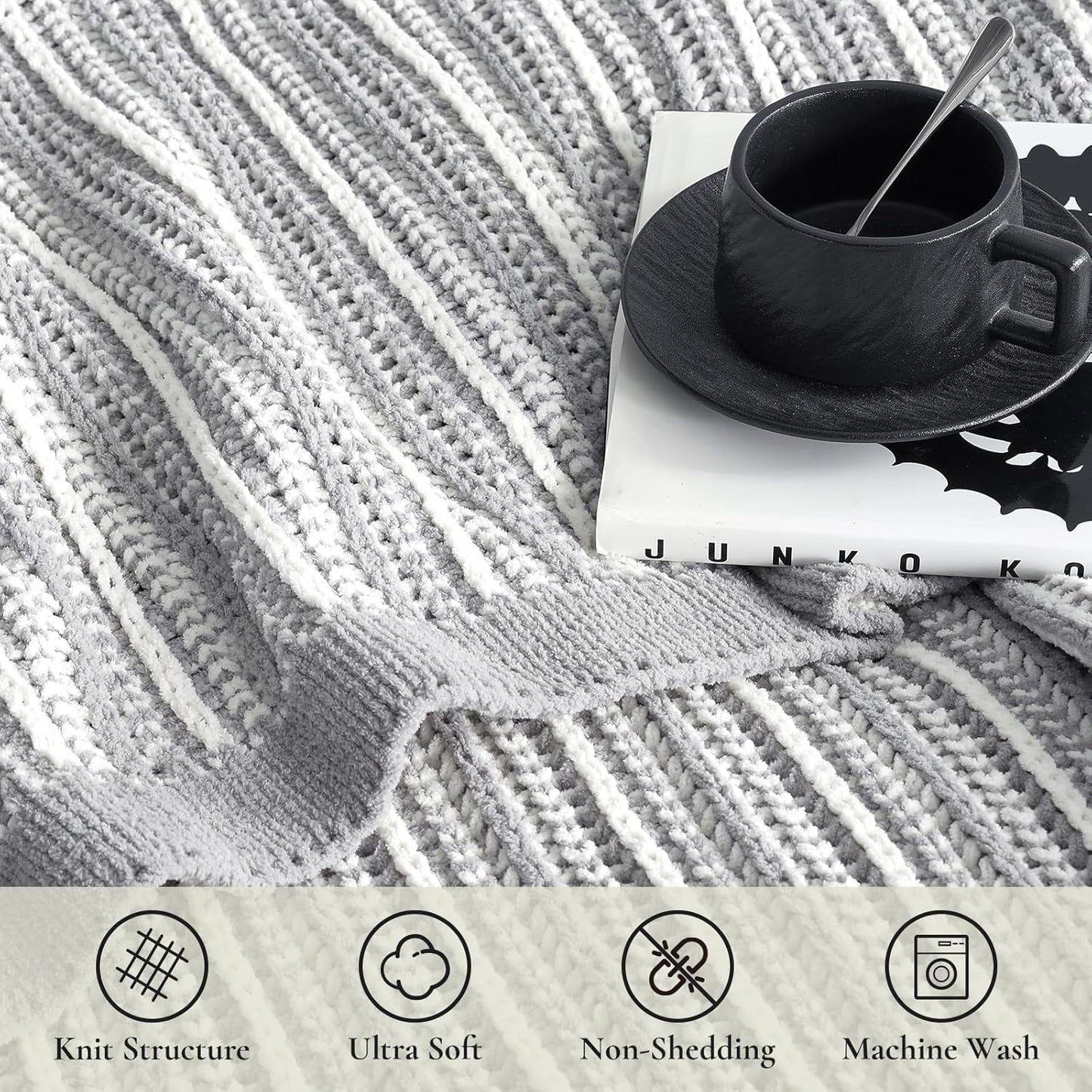 Amélie Home Striped Knit Throw Blanket for Couch, Dual-Sided Soft Chenille Decorative Blankets for Sofa & Chair, 50"x60", Gray & White