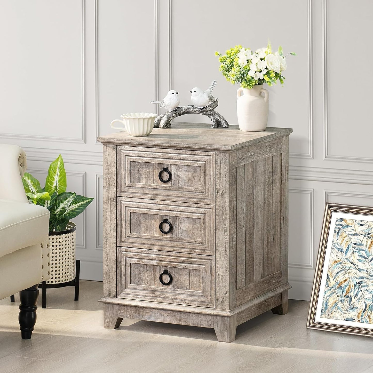 18" Farmhouse Night Stands Set of 2 with Charging Station, 2 & 3 Drawers End Table Dresser for Bedroom, Oak Wooden Nightstand, Bed Side Table with Open Shelf, Bedside Cabinet for Living Room