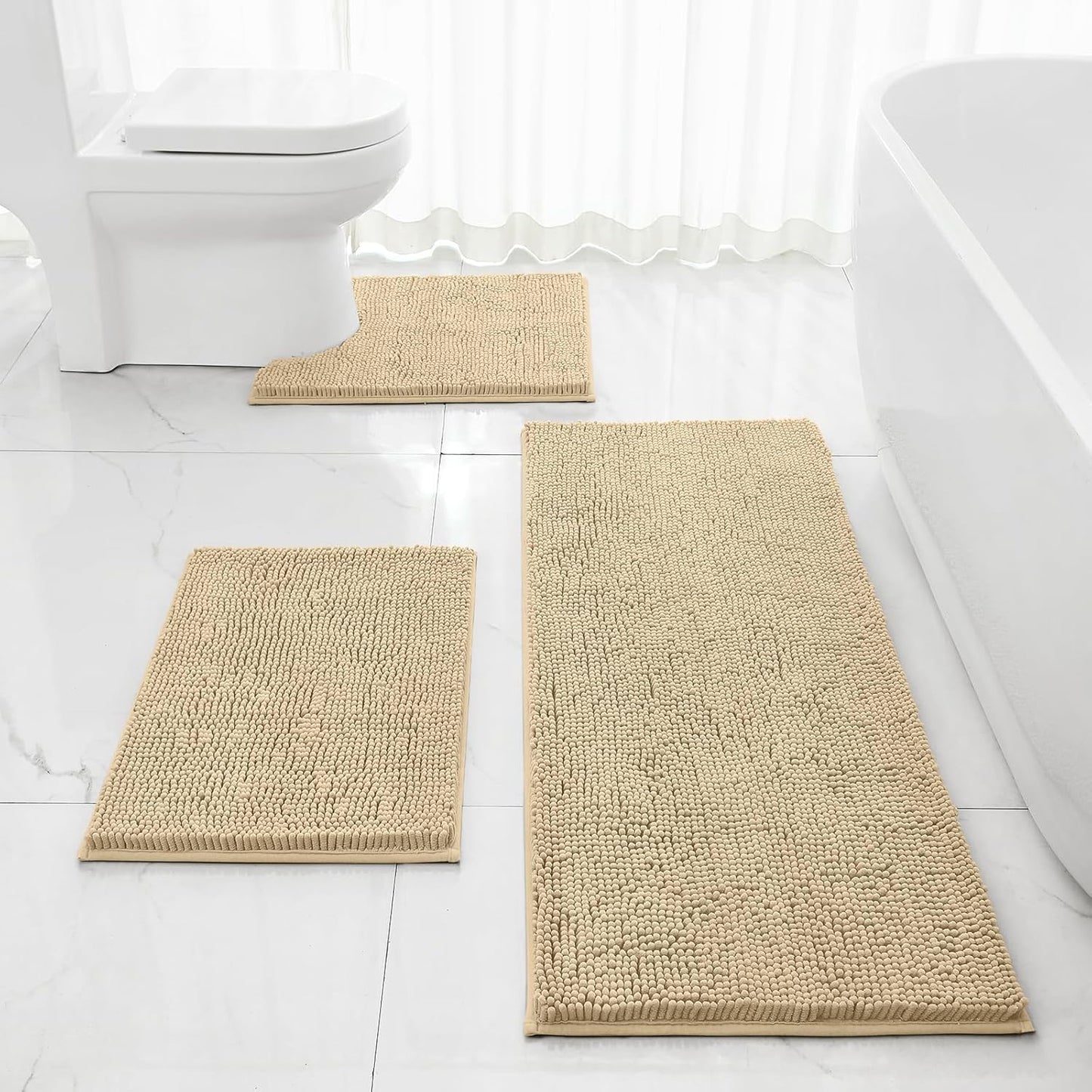 HOMEIDEAS 3 Pieces Bathroom Rugs, Ultra Soft Non Slip Absorbent Chenille Toilet Bath Mat Set (Beige-Beige, 17"x24"+20"x48"+U Shape 20"x24")