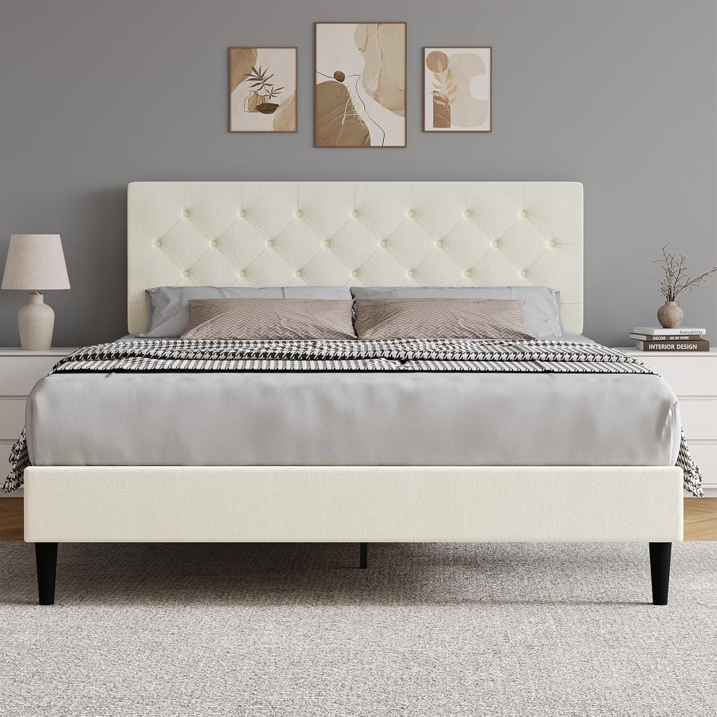 HOMBCK Full Size Bed Frame with Headboard, Linen Fabric Upholstered Platform Bed Frame, Button Tufted Bed Frame Full, Wooden Slat Support, No Box Spring Needed, Easy Assembly, Cream