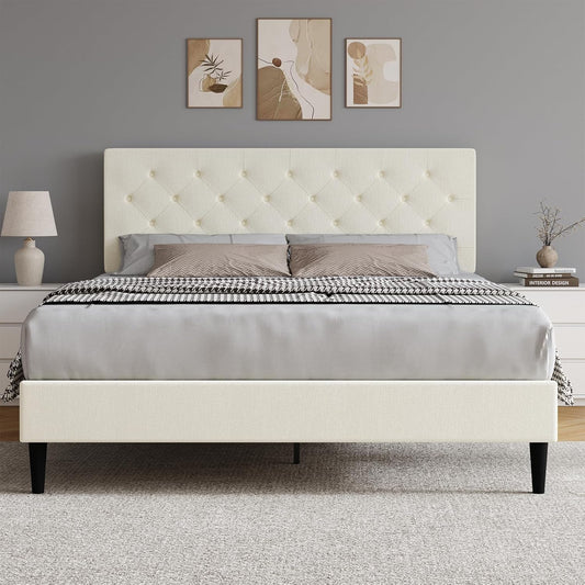 HOMBCK Queen Size Bed Frame with Headboard, Linen Fabric Upholstered Platform Bed Frame, Button Tufted Bed Frame Queen, Wooden Slat Support, No Box Spring Needed, Easy Assembly, Cream