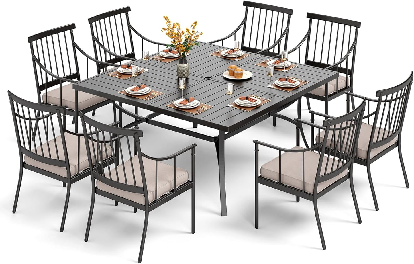 PHI VILLA 9 Pieces Outdoor Dining Set for 8, 60” Square Wrought Iron Dining Table & Heavy-Duty Steel Chairs with Cushions, Large Dining Furniture Set for Patio, Deck, Yard, Porch