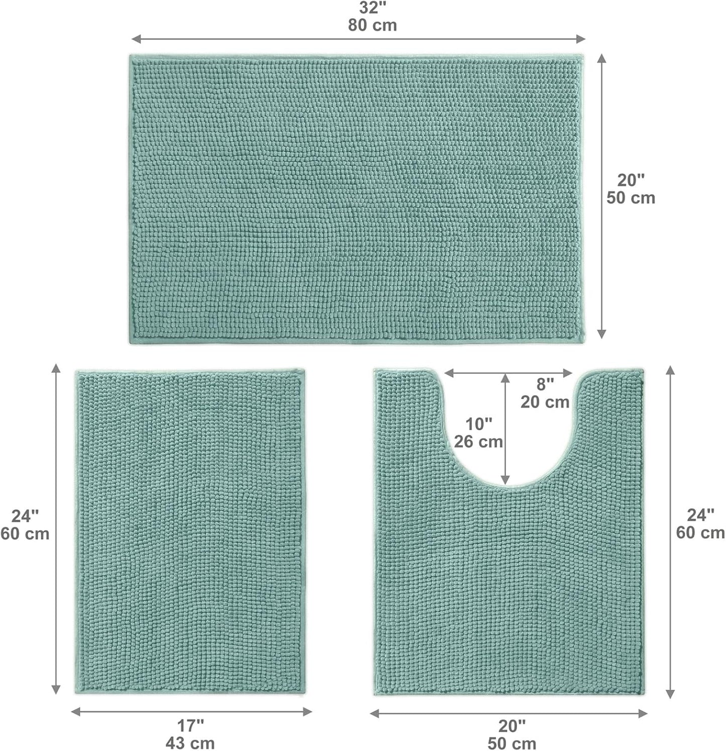 Urvoix Bathroom Rugs Sets 3 Piece, Non-Slip Chenille Bath Rug - Ultra Soft, Washable, Super Absorbent Bath Mat for Bathroom, Toilet and Tub (Aqua Sea)